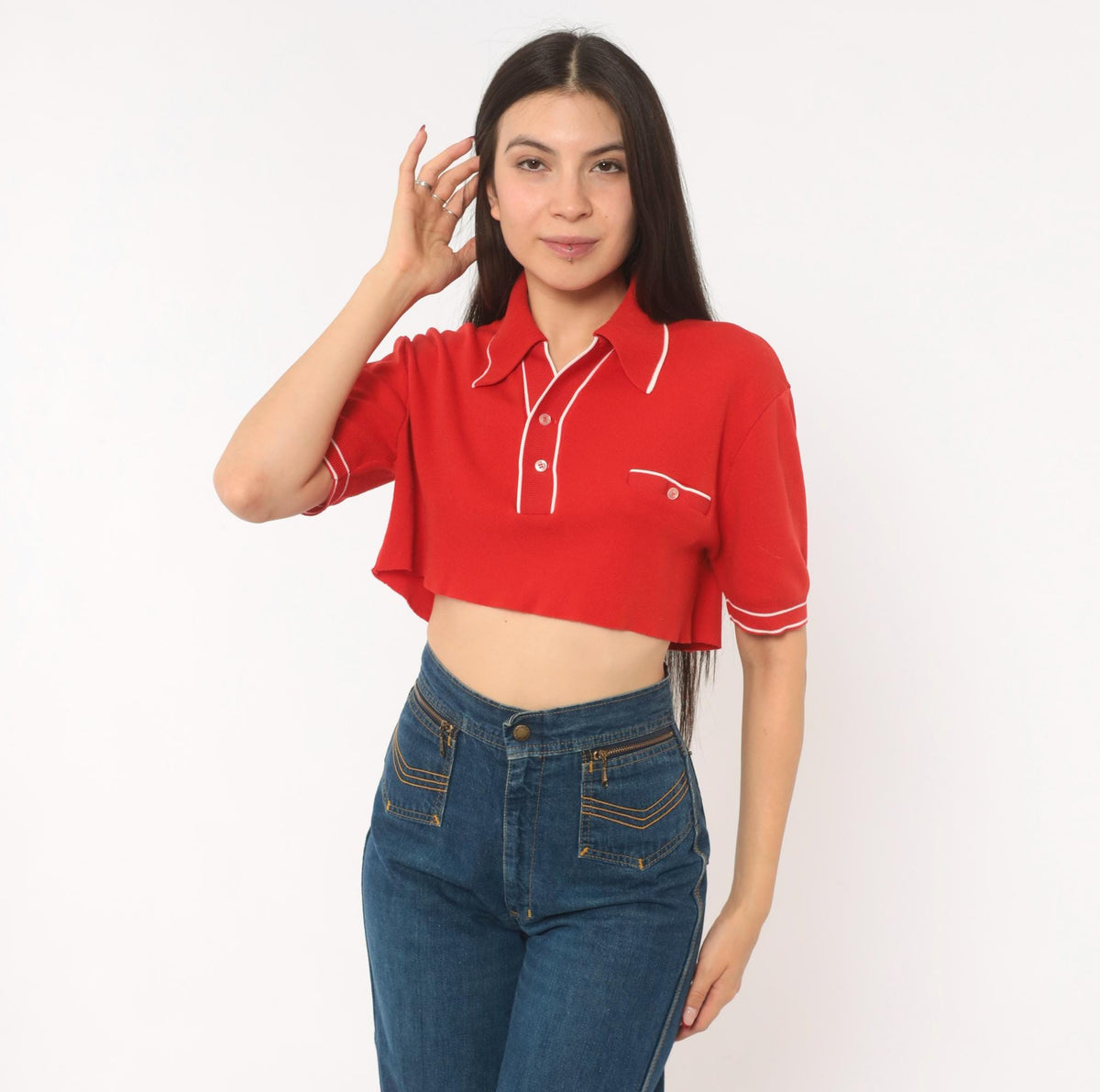 70s Red Cropped Polo White Piping Knit Top Button Front Medium M