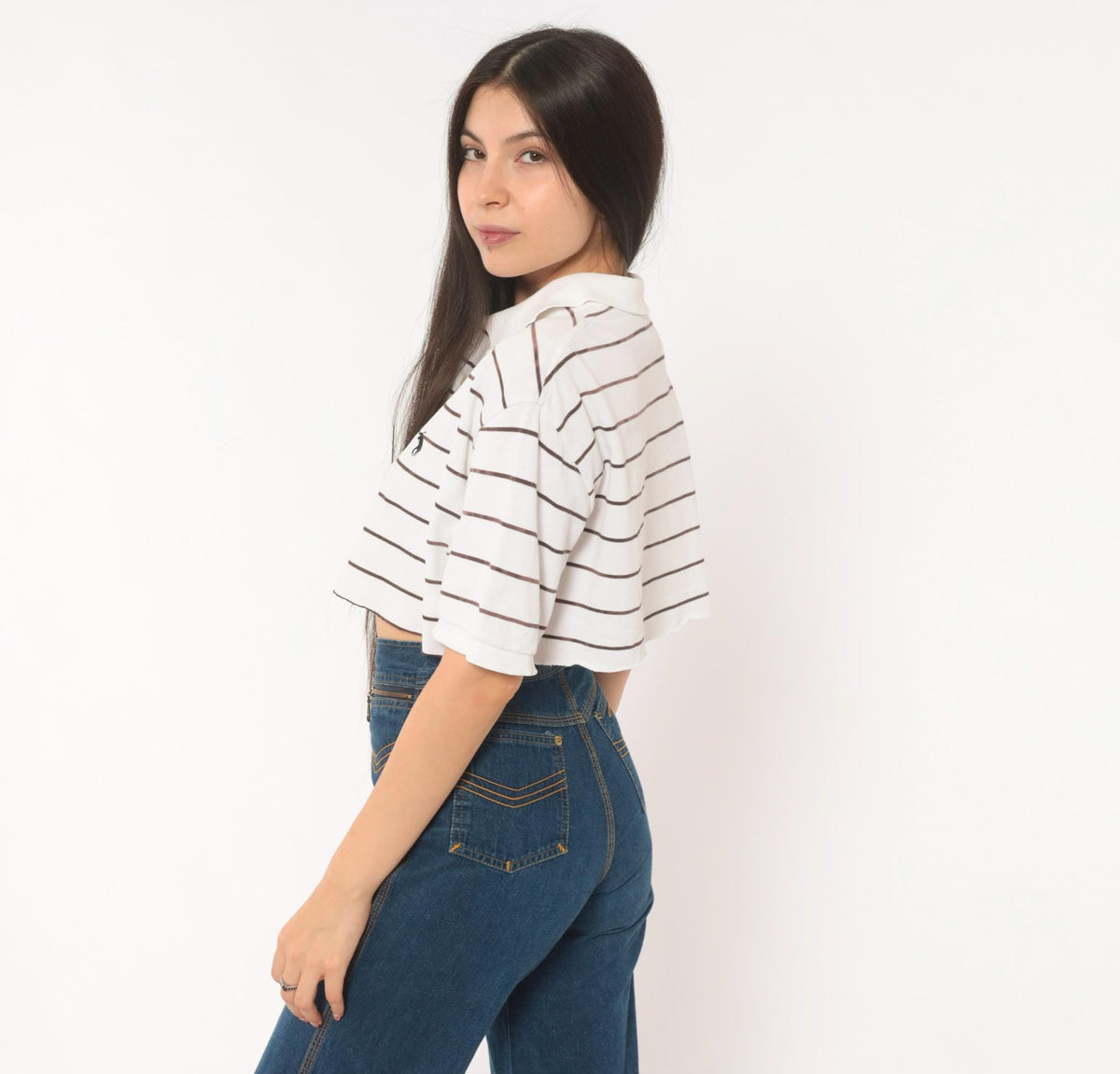 90s Polo Ralph Lauren Striped Cropped Polo Shirt White Brown Cotton Medium