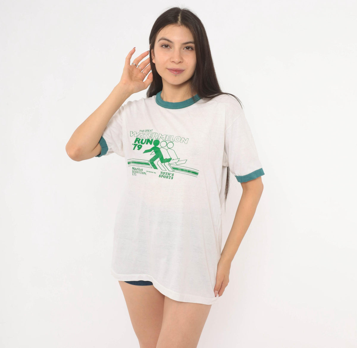70s Watermelon Run Ringer Tee White Green Graphic Race Event Large L