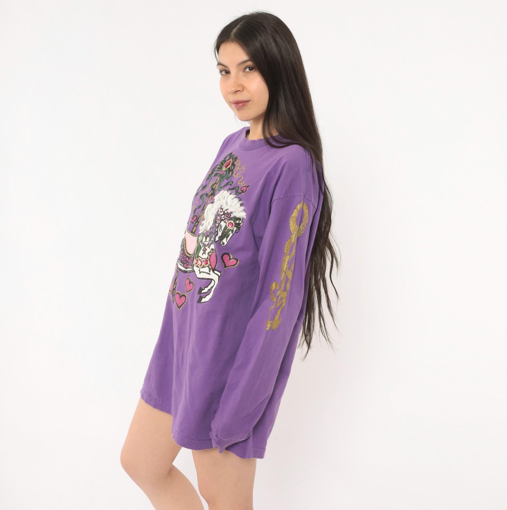 90s Anvil Carousel Horse Purple Glitter Long Sleeve Tee Extra Large