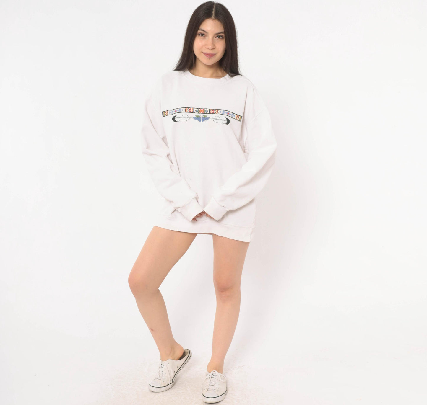 90s Sunbelt Southwestern Sweatshirt Cross Stitch Embroidered Eagle Cream Cotton Large