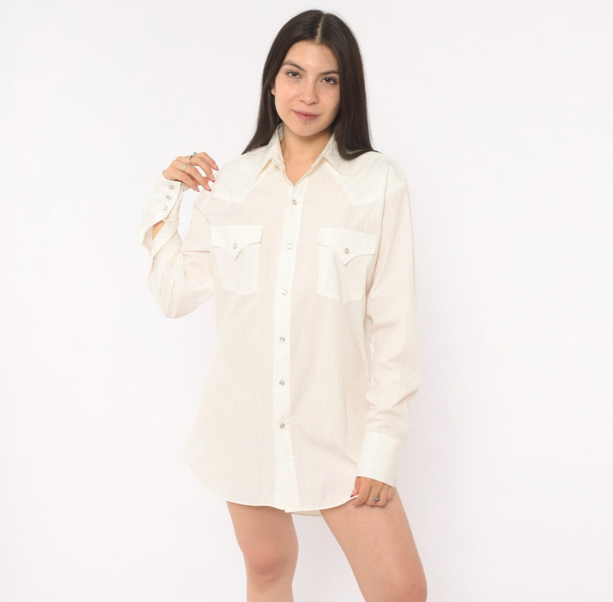90s Ely Cattleman Western Snap Shirt Ivory Pointed Collar Yoke Medium