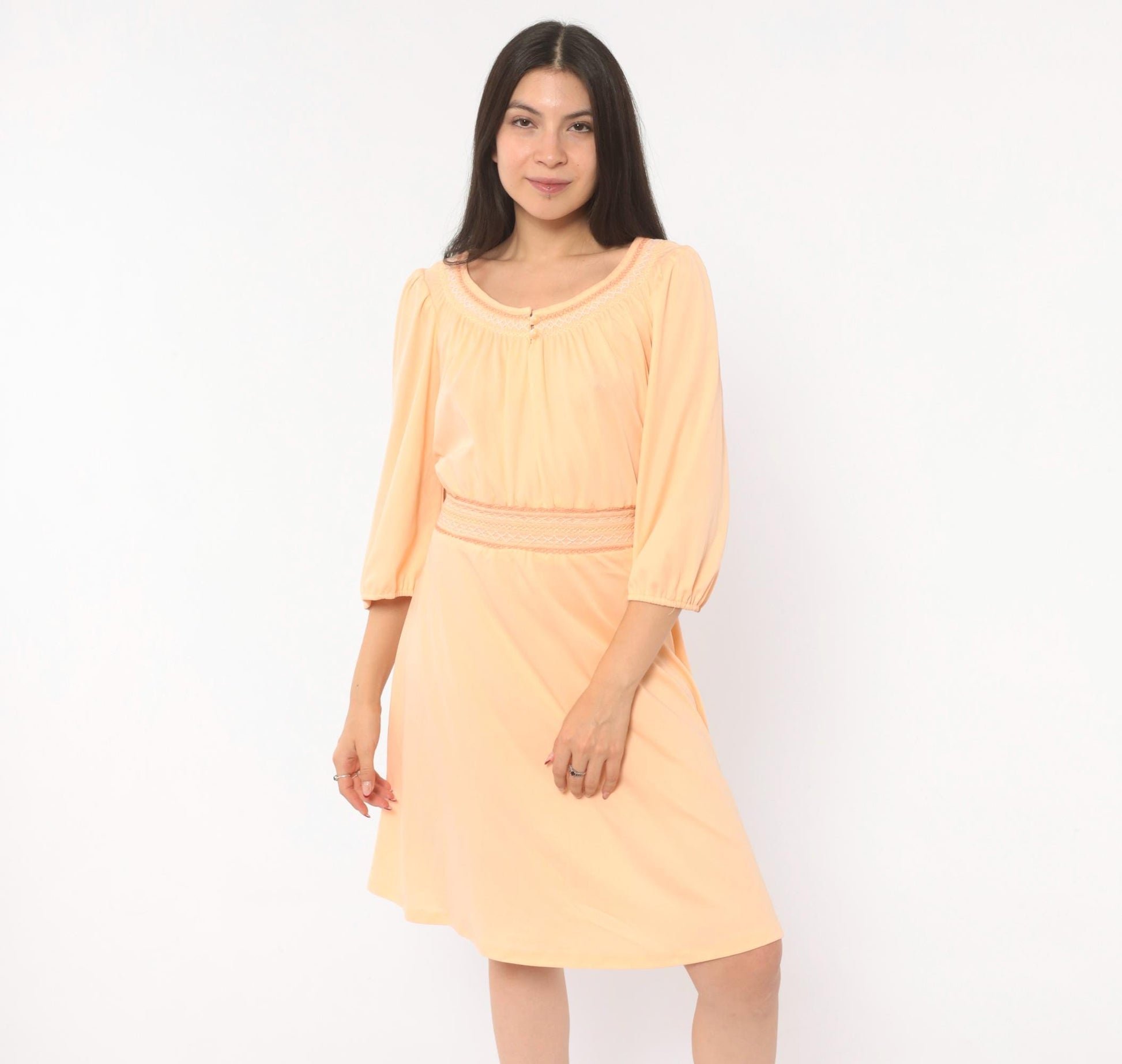 70s Peach Peasant Dress Puff Sleeve Smocked Embroidery Knee Length Large L