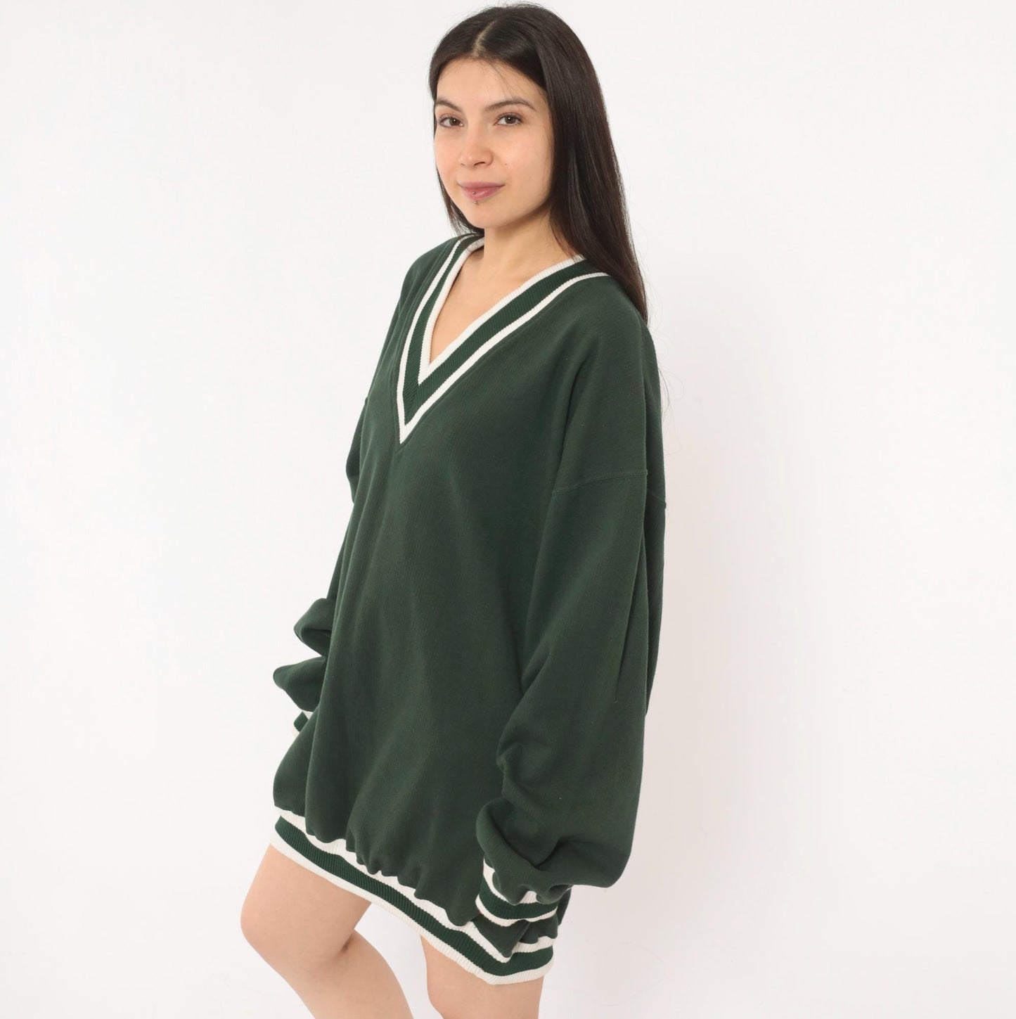 90s Pluma Forest Green V-Neck Sweater Striped Collegiate Tennis Extra Large XL