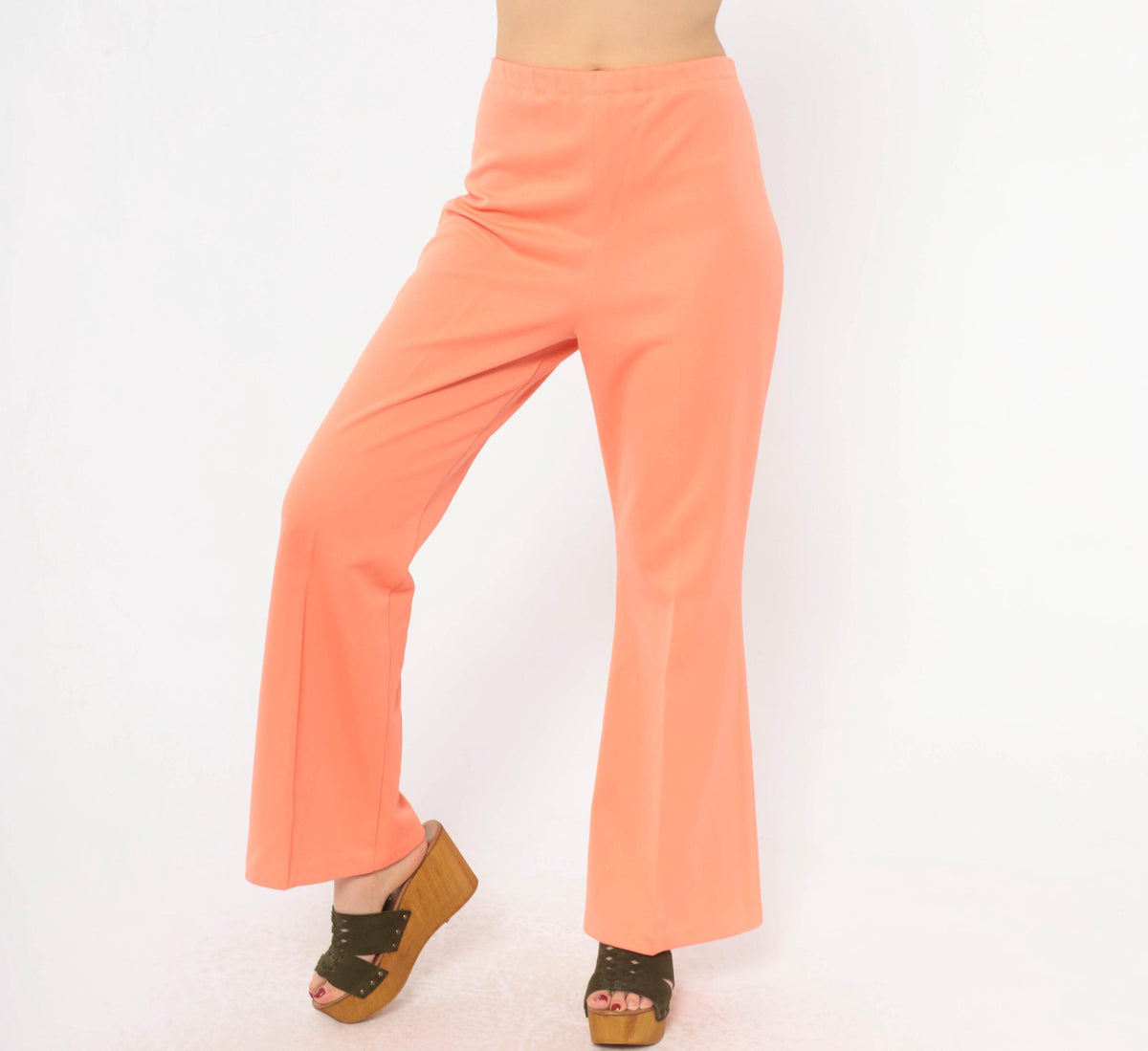 70s Peach Flare Pants High Rise Bell Bottom Trousers Knit Large L
