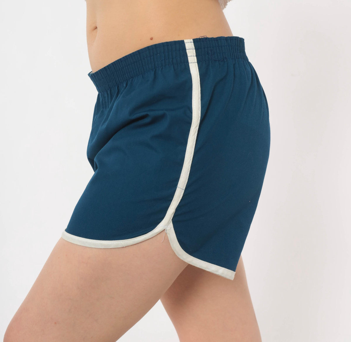 80s Navy Running Shorts White Piping Cotton Dolphin Hem Large L