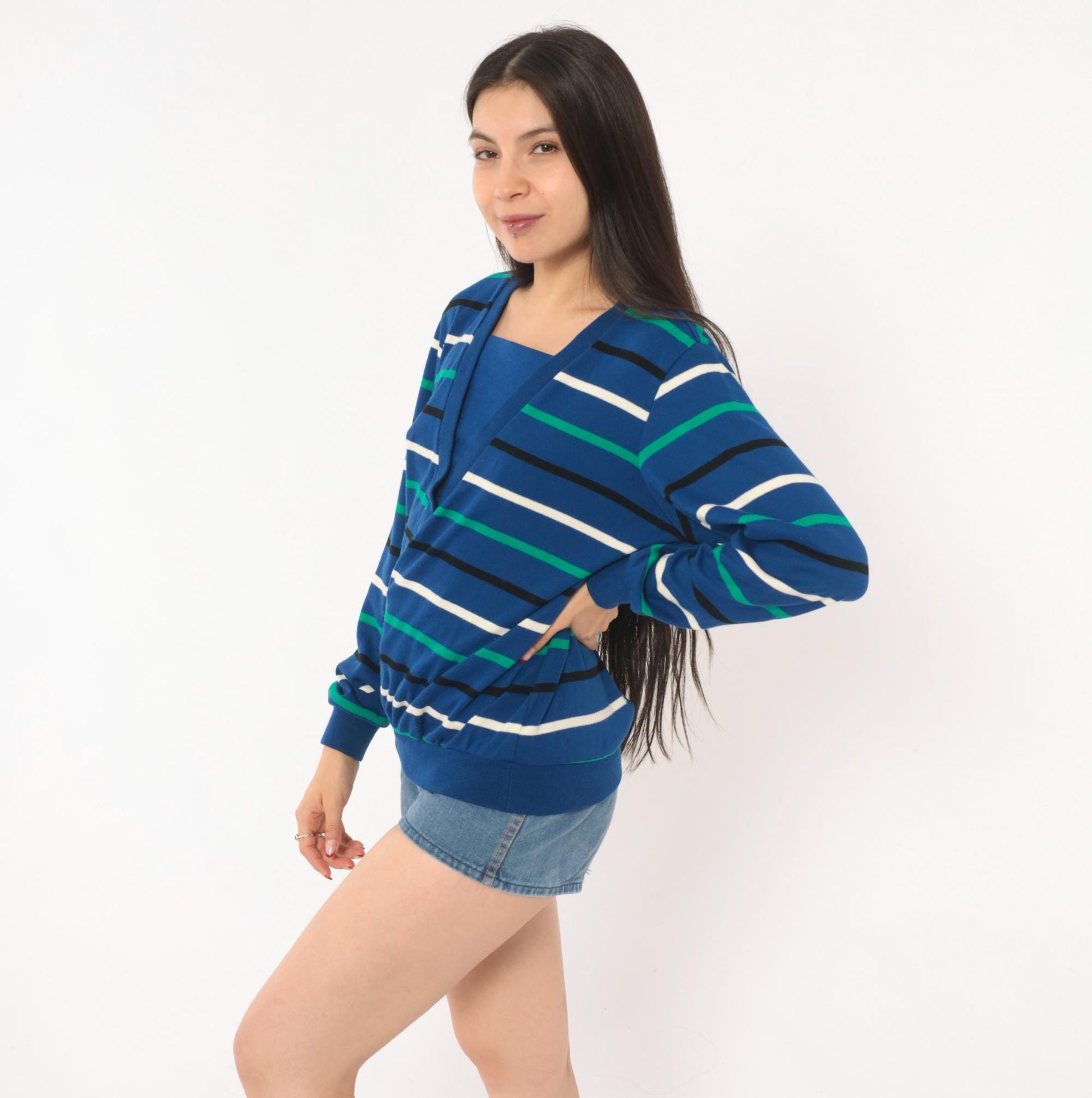 80s Alfred Dunner Striped V-Neck Sweater Cobalt Blue Cotton Knit Small