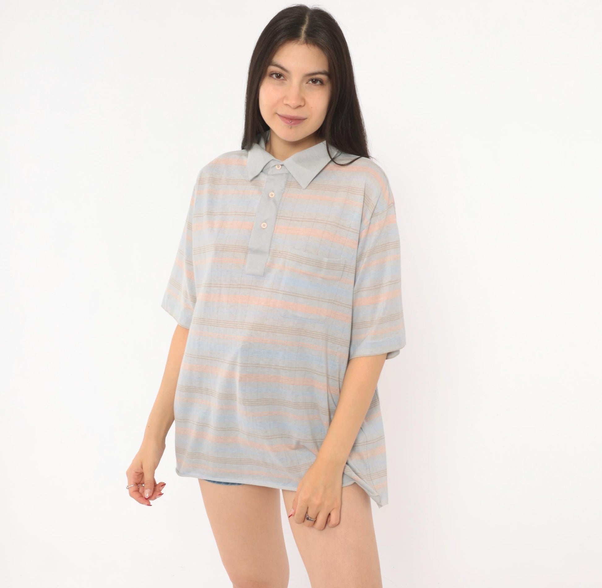 80s Knights Bridge Striped Polo Shirt Grey Peach Cotton Short Sleeve Extra Large XL