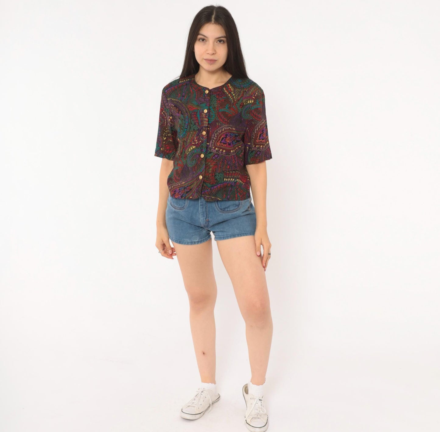 80s Norton Mcnaughton Paisley Button Blouse Teal Purple Gold Small S
