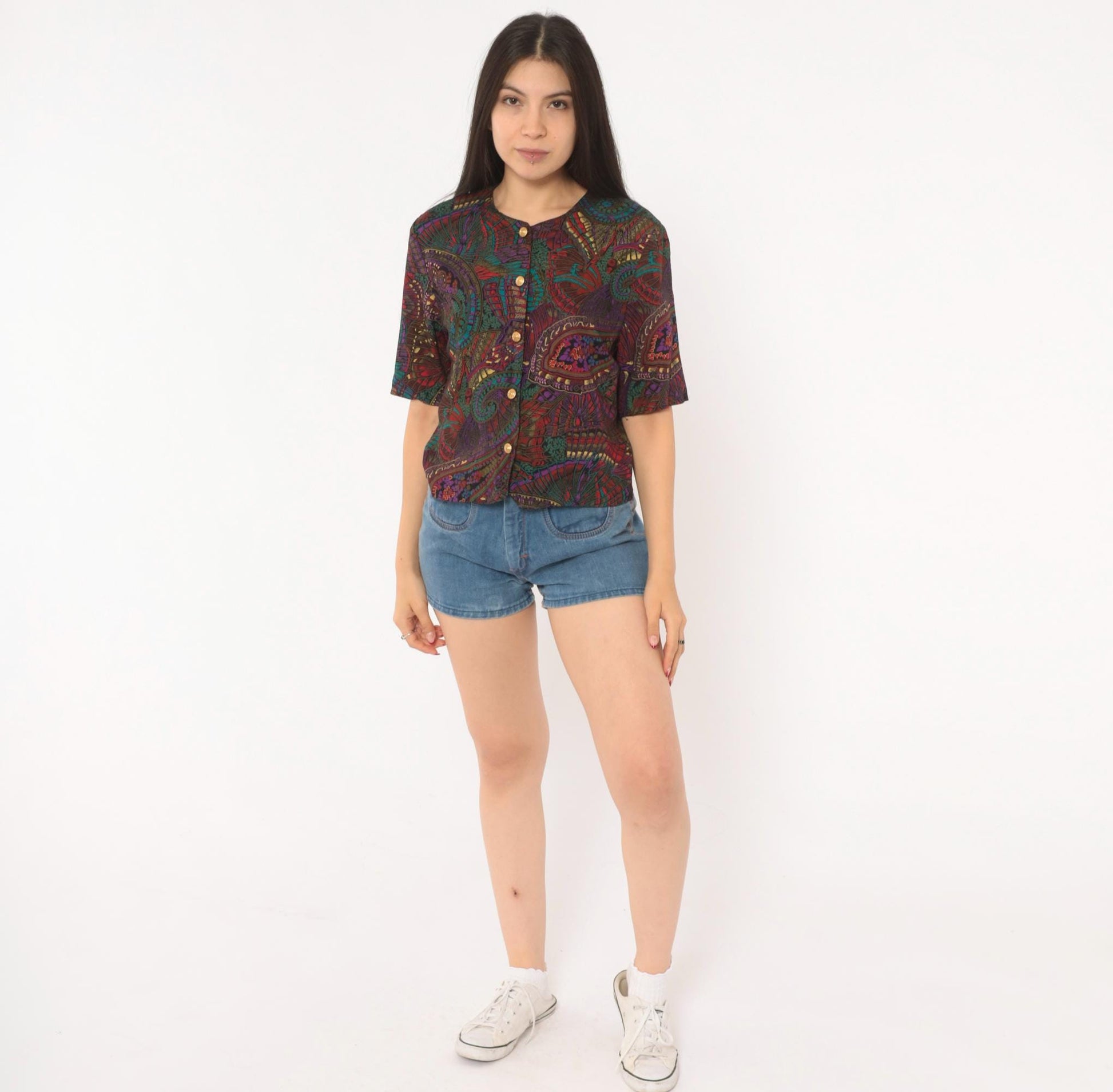 80s Norton Mcnaughton Paisley Button Blouse Teal Purple Gold Small S