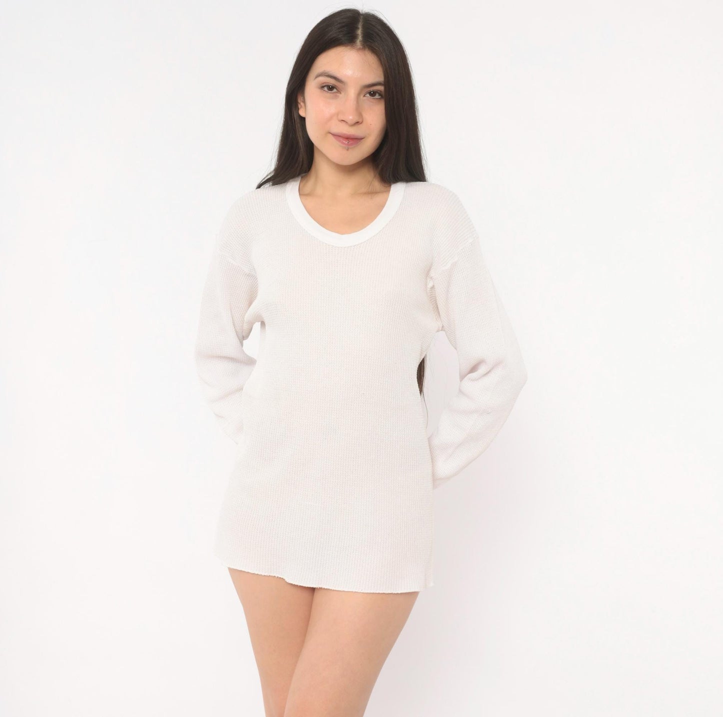 90s Waffle Knit Thermal Ivory Scoop Neck Long Sleeve Cotton Tee Large