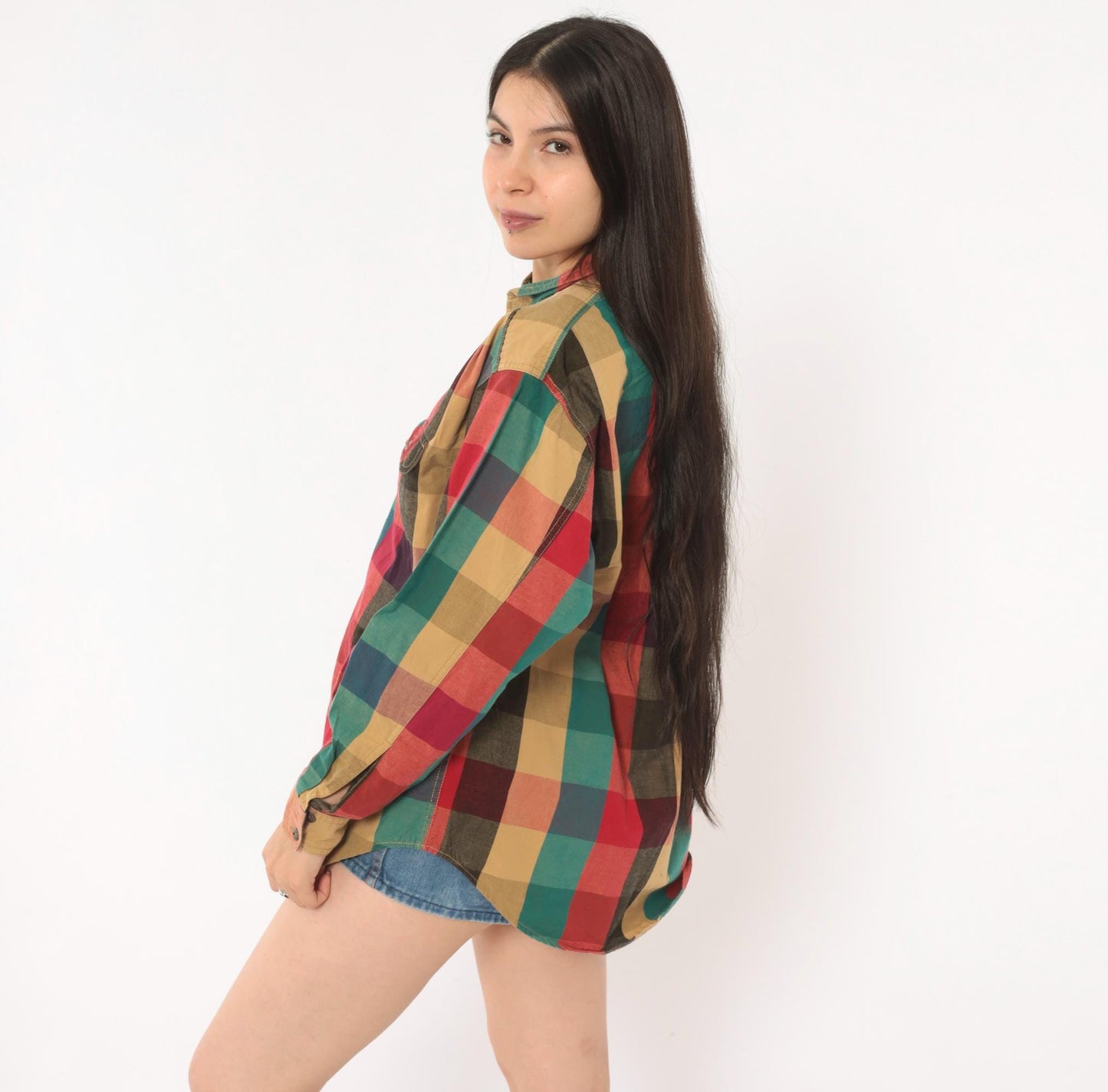 90s Lizwear Plaid Flannel Shirt Button Front Red Teal Cotton Medium