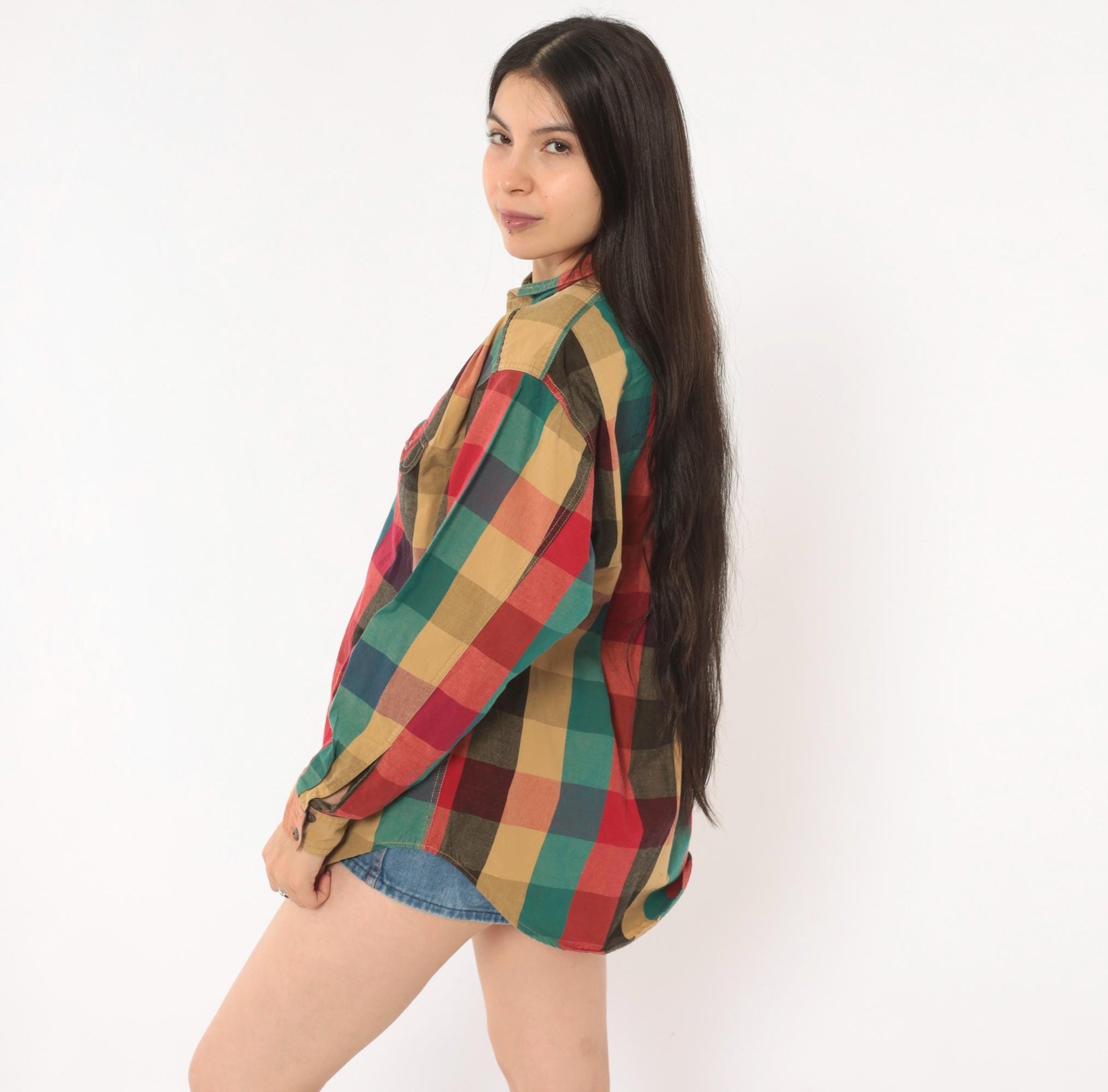 90s Lizwear Plaid Flannel Shirt Button Front Red Teal Cotton Medium