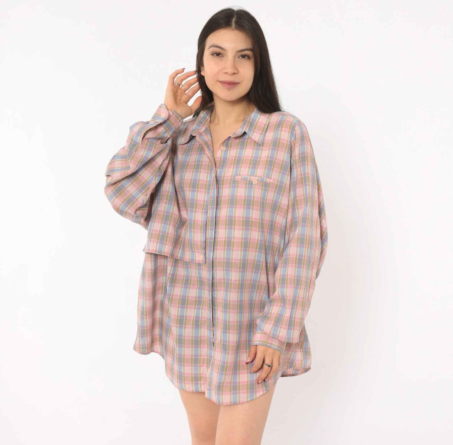 90s Cali Plaid Button Front Shirt Pink Periwinkle Cotton Plus Size 1X