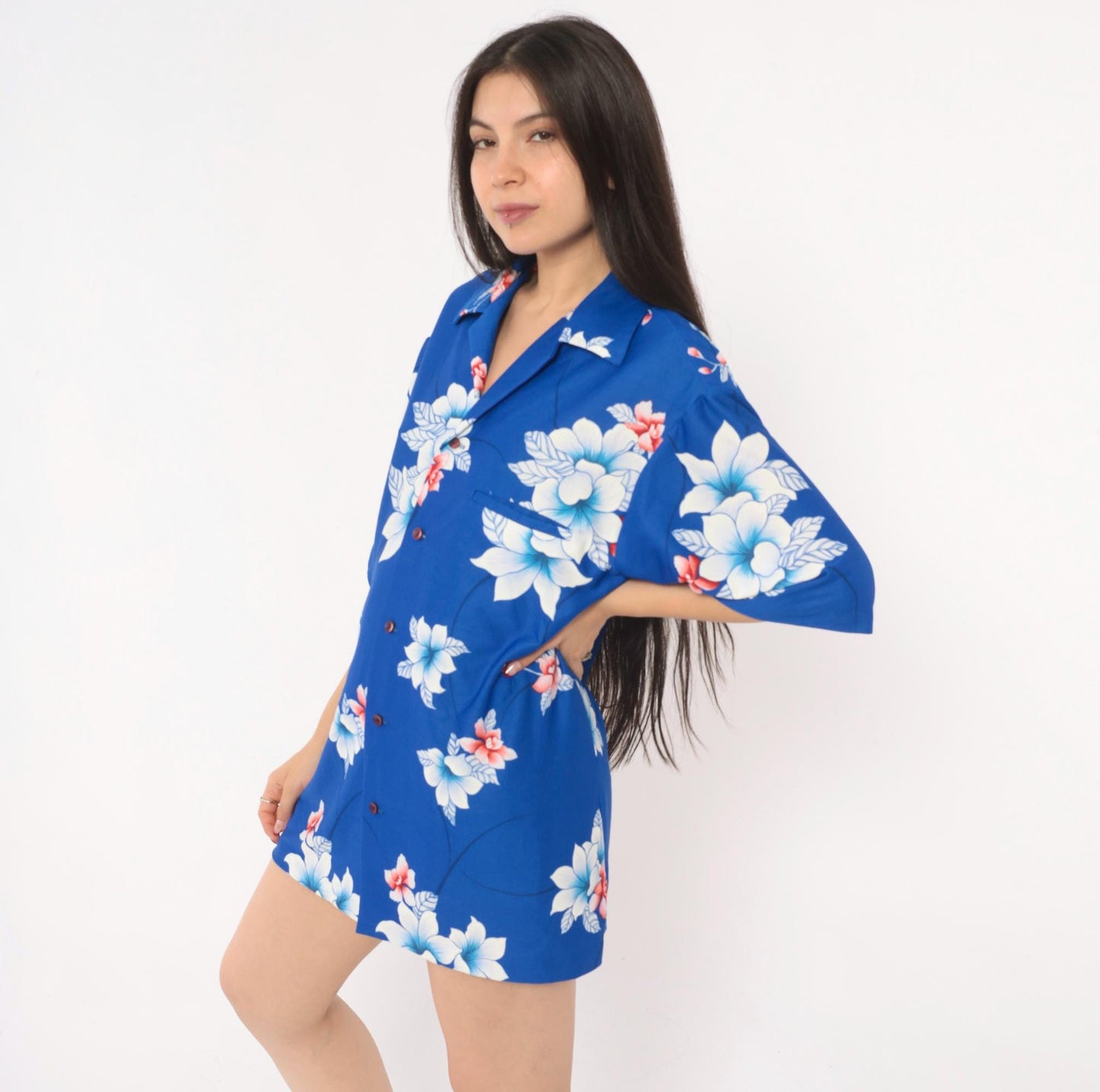 70s Hilo Hatties Hawaiian Shirt Blue Orchid Floral Camp Collar Medium