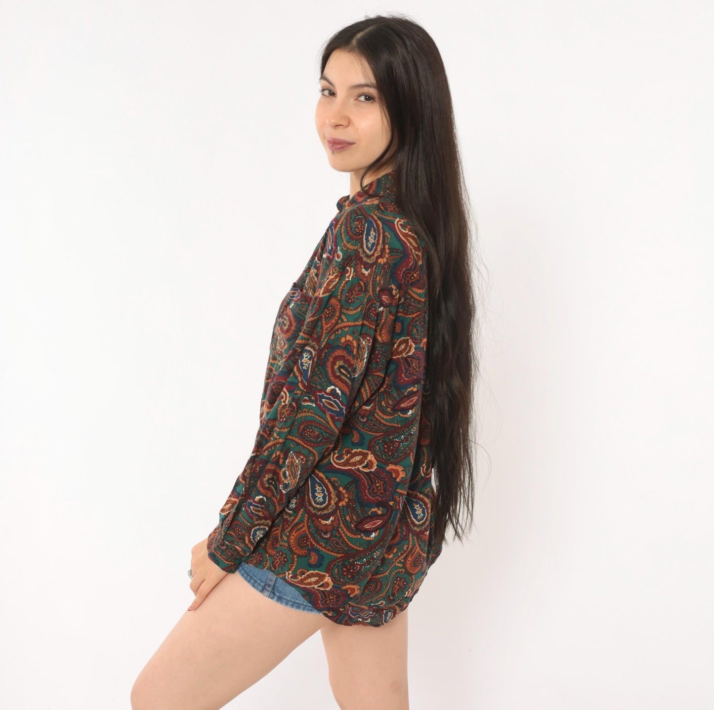 90s Basic Editions Paisley Button Up Shirt Teal Burgundy Small S
