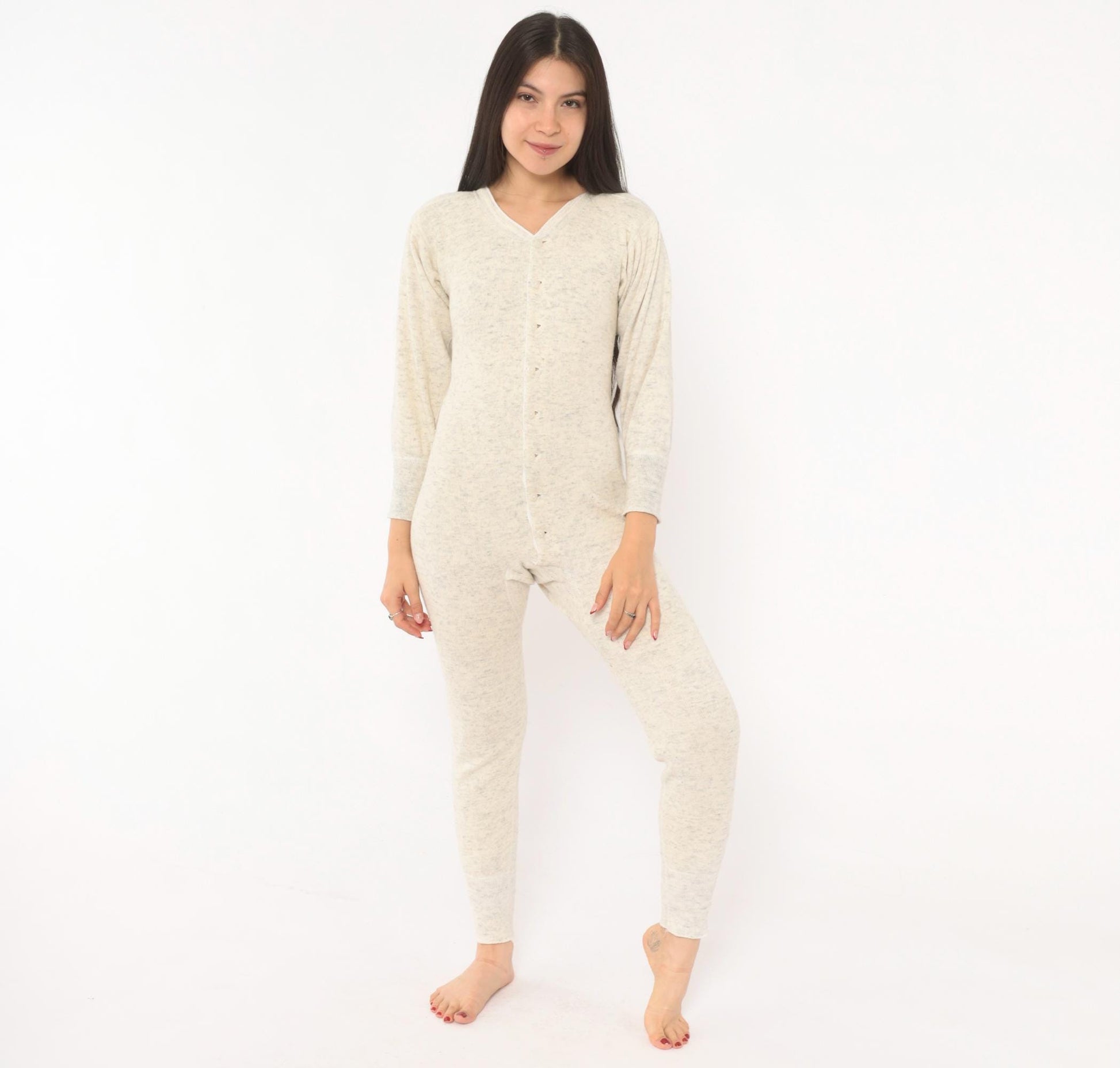 1950s JCPenney Union Suit Oatmeal Heathered Wool Cotton V-Neck Long Johns Extra Small XS