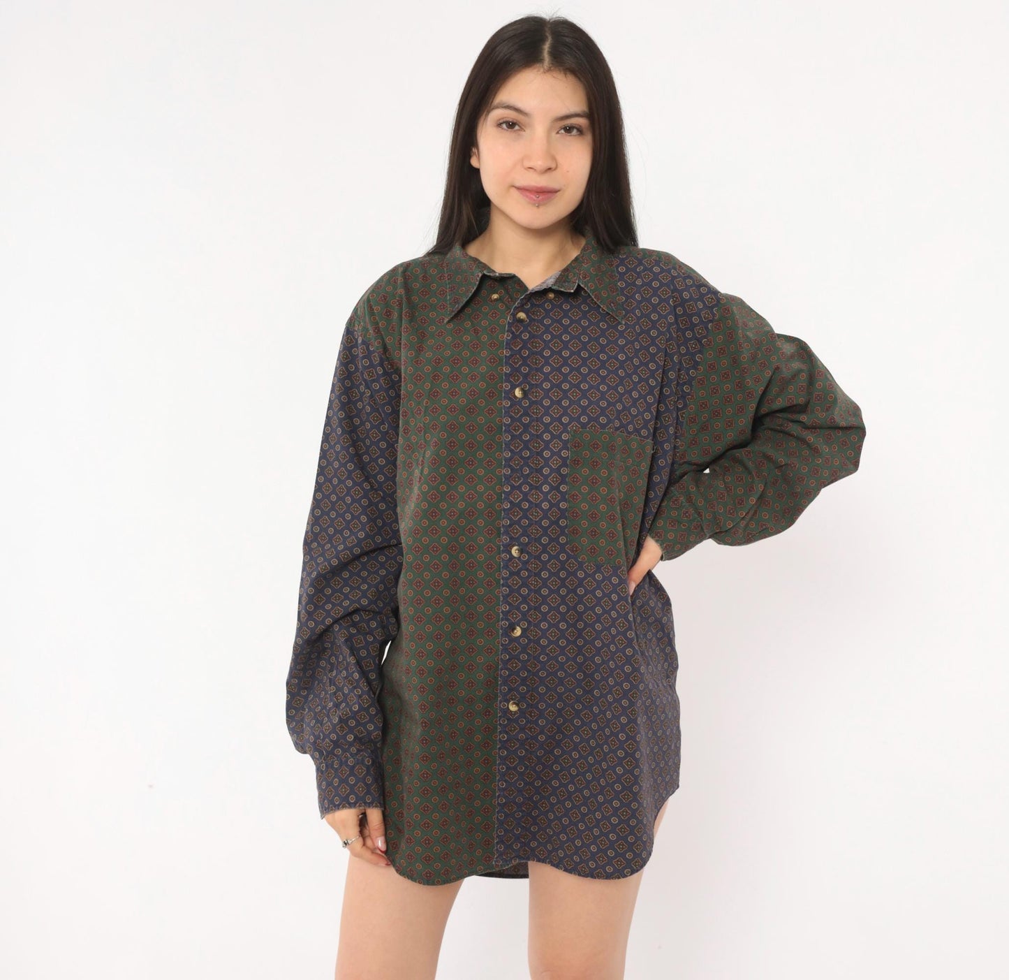90s Nautica Patchwork Button Shirt Medallion Print Olive Navy Large L