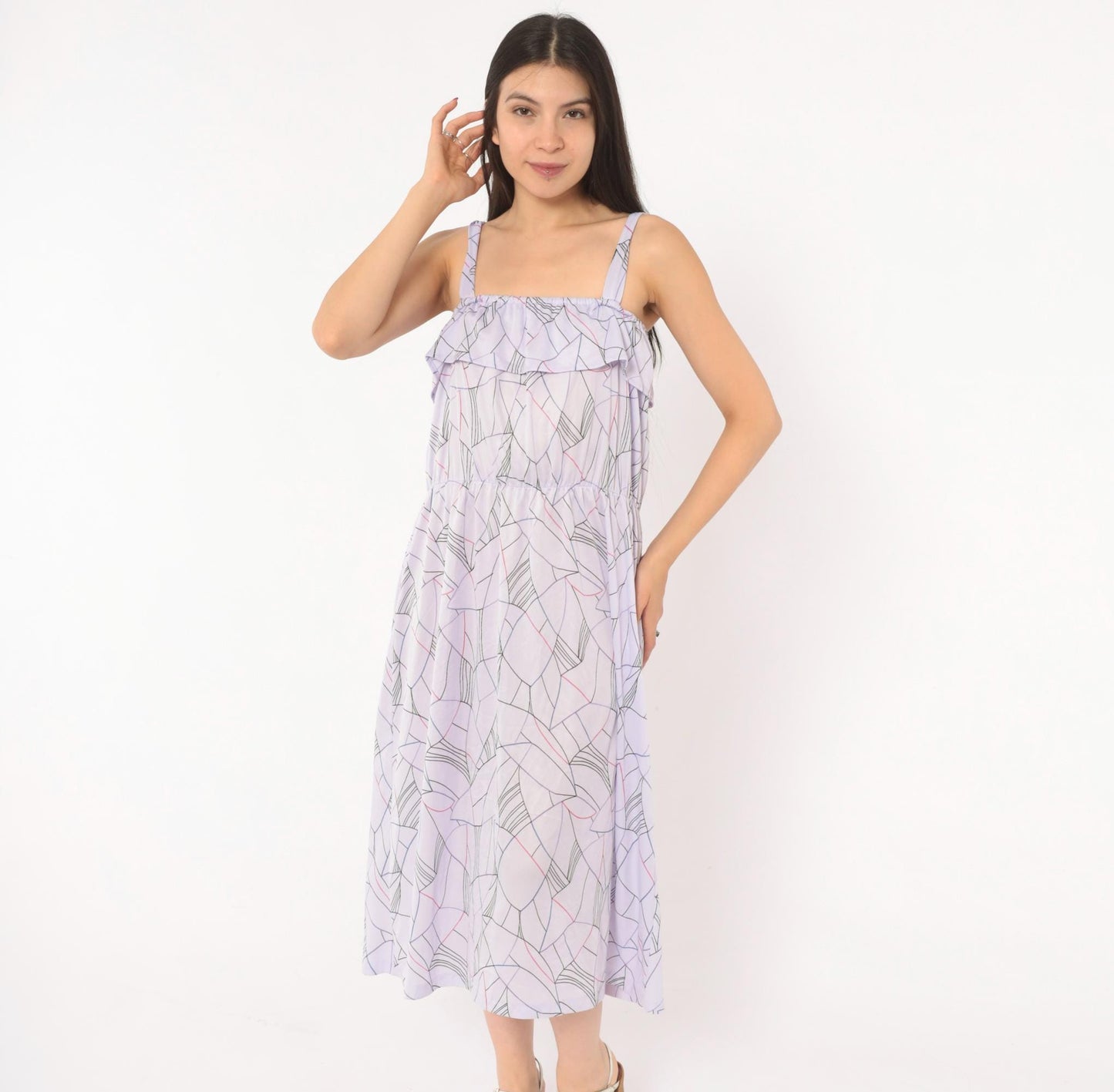 80s Lilac Abstract Geometric Midi Sundress Ruffle Bodice Strappy Small