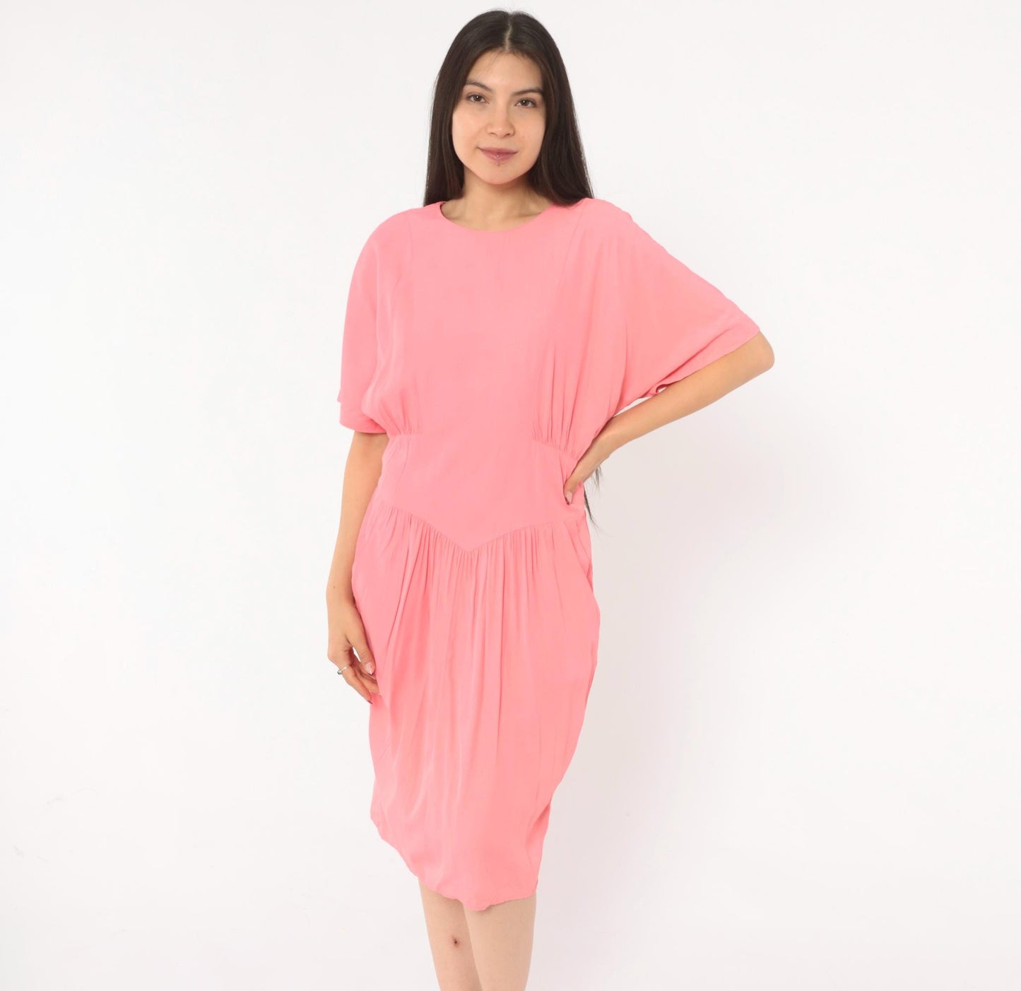 90s Carol Anderson Coral Pink Blouson Dress Smocked Waist Knee Length Large L