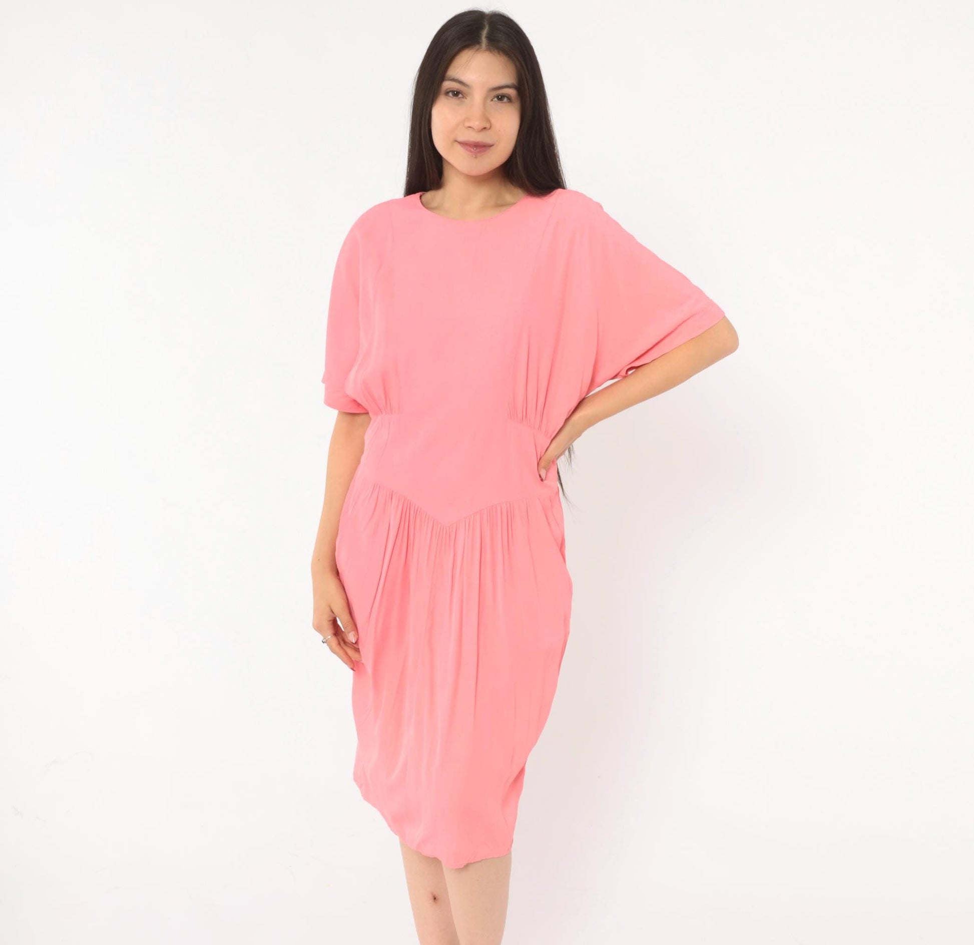 90s Carol Anderson Coral Pink Blouson Dress Smocked Waist Knee Length Large L