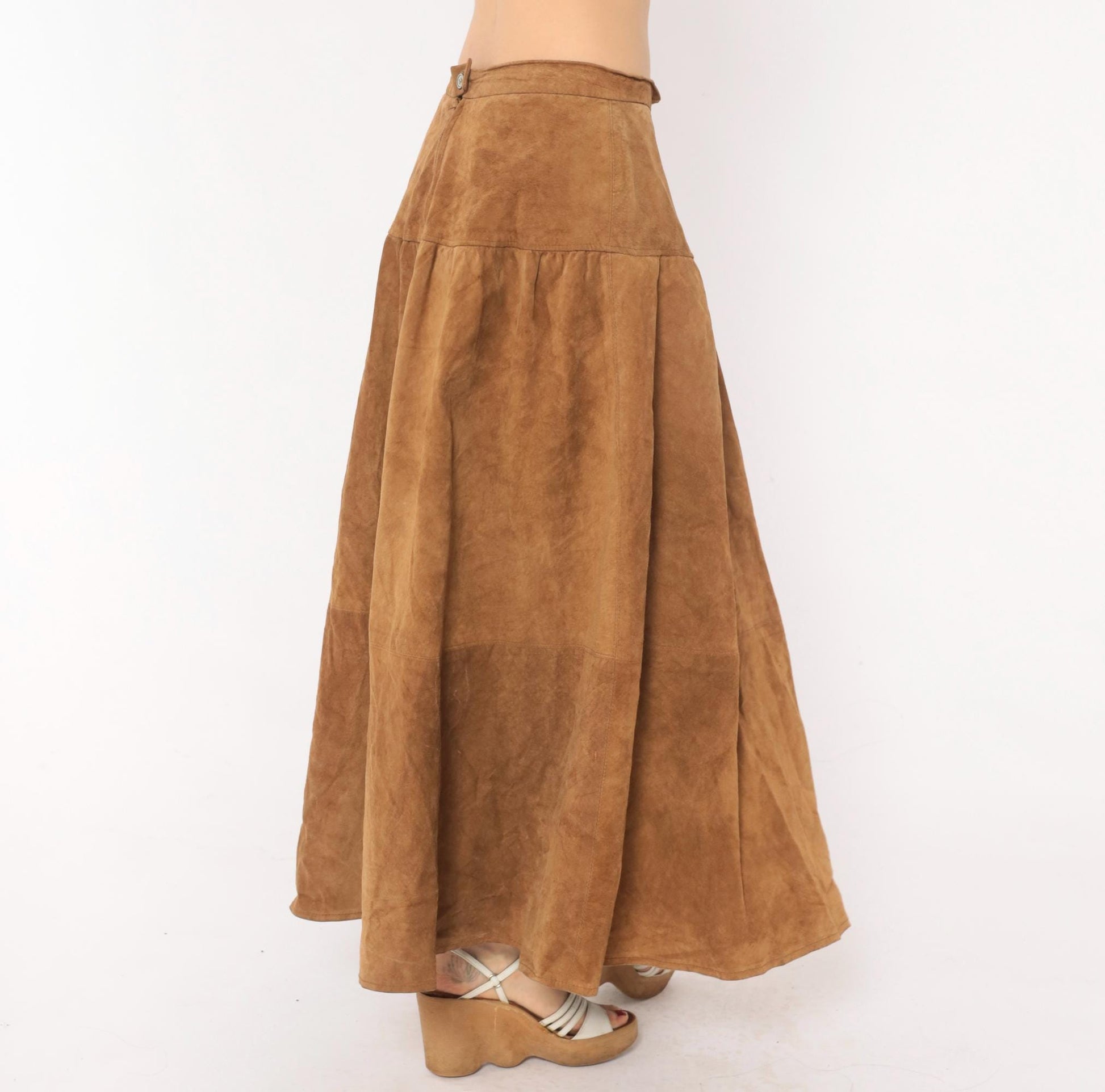 90s JH Collectibles Suede Maxi Skirt Tan A-Line Tiered Medium M