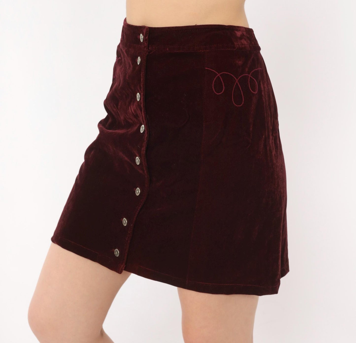 90s Burgundy Velvet Mini Skirt Silver Snap Button Front Embroidered Small