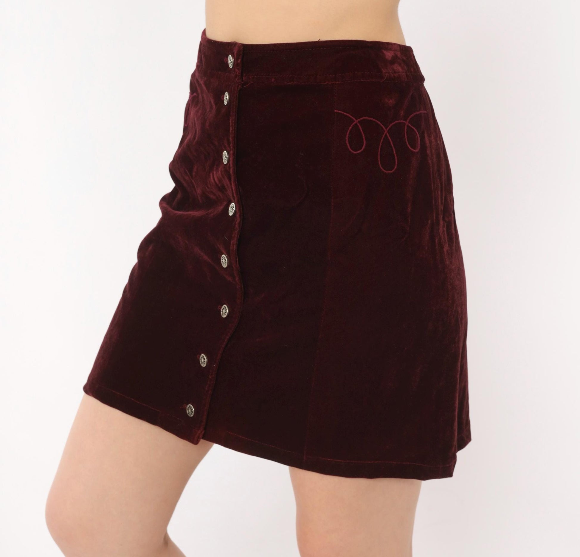 90s Burgundy Velvet Mini Skirt Silver Snap Button Front Embroidered Small