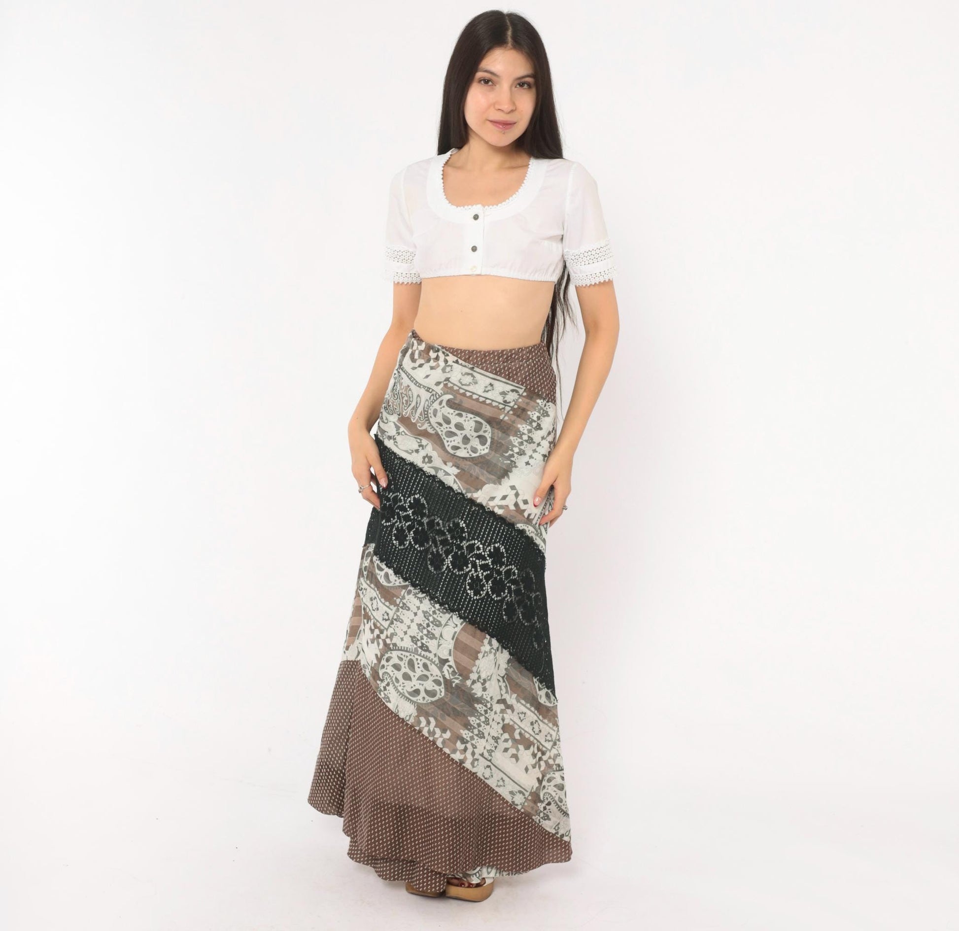 70s Chessa Davis Patchwork Maxi Wrap Skirt Brown Black Paisley Crochet Lace Large L