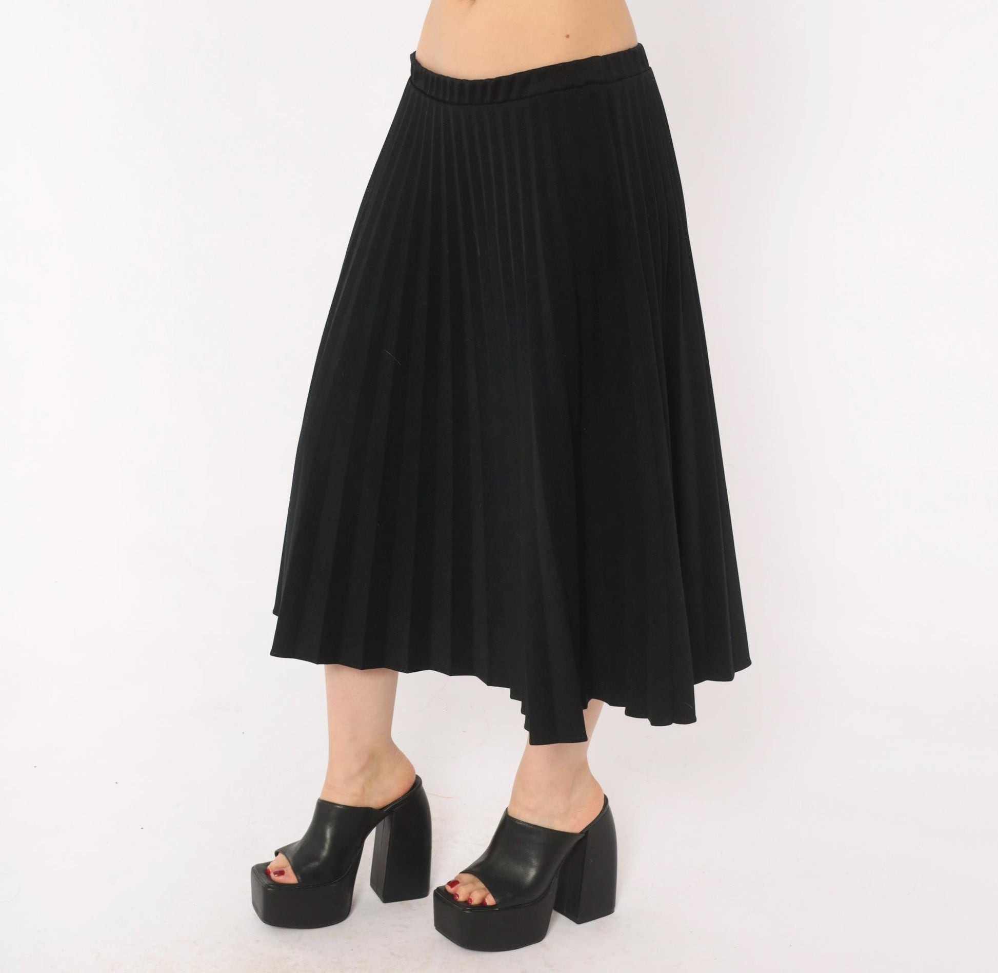 70s Sarah K Black Pleated Midi Skirt Accordion Knife Pleat Elastic Waist Medium Large
