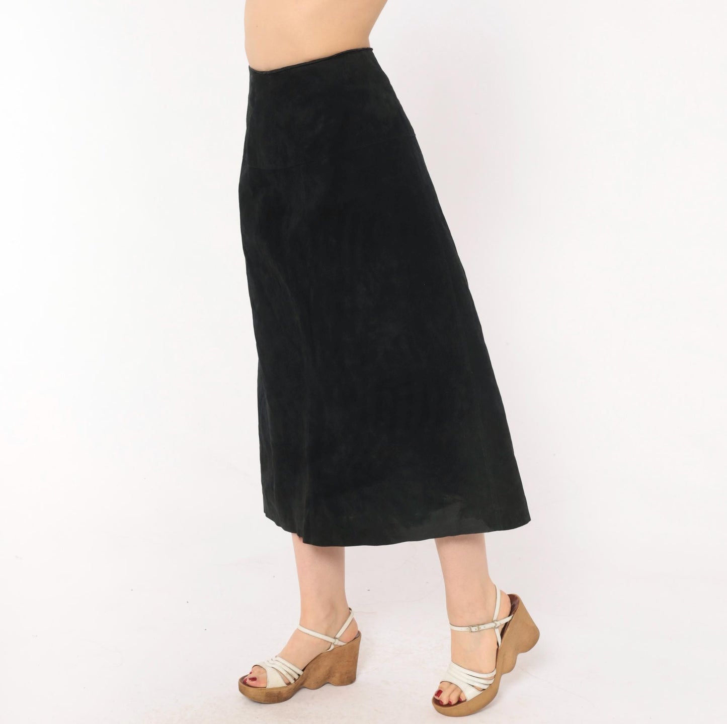 90s Black Suede A-Line Midi Skirt High Waist Paneled Large L