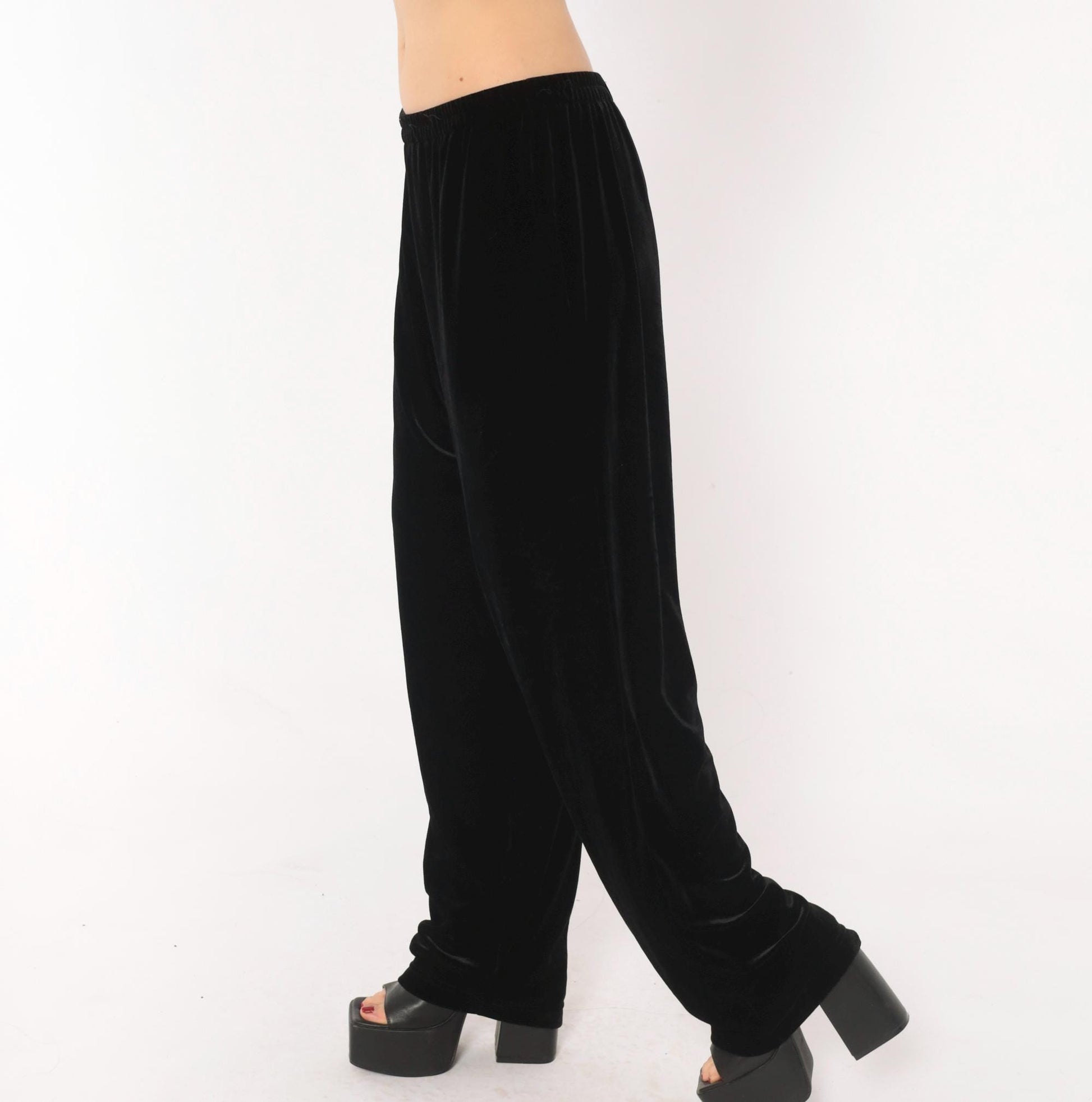 90s Black Velvet Pants Straight Leg Sheri Martin Elastic Waist Medium