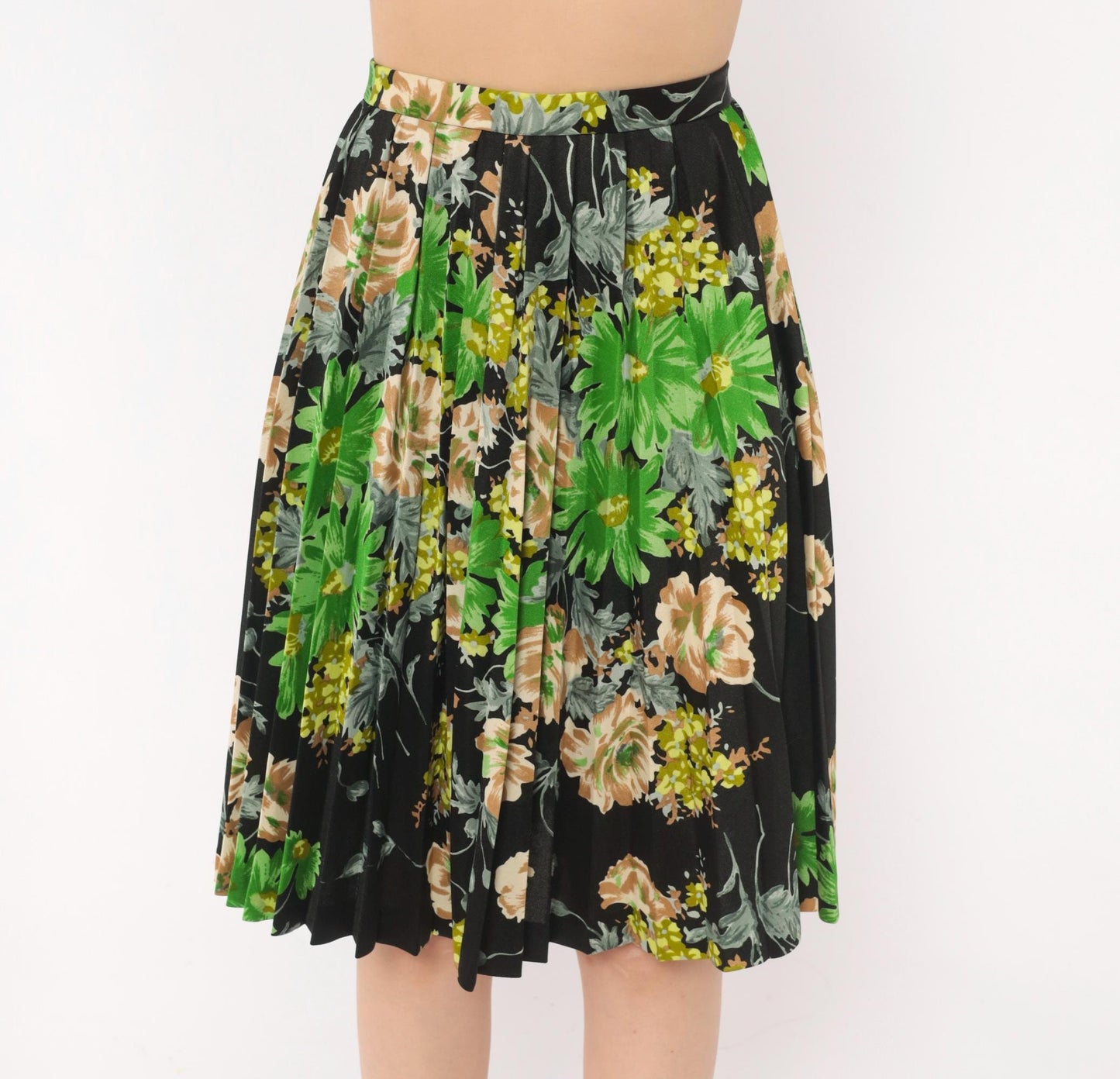 70s Floral Pleated Skirt Black Daisy Rose Print Knee-Length A-Line Extra Small
