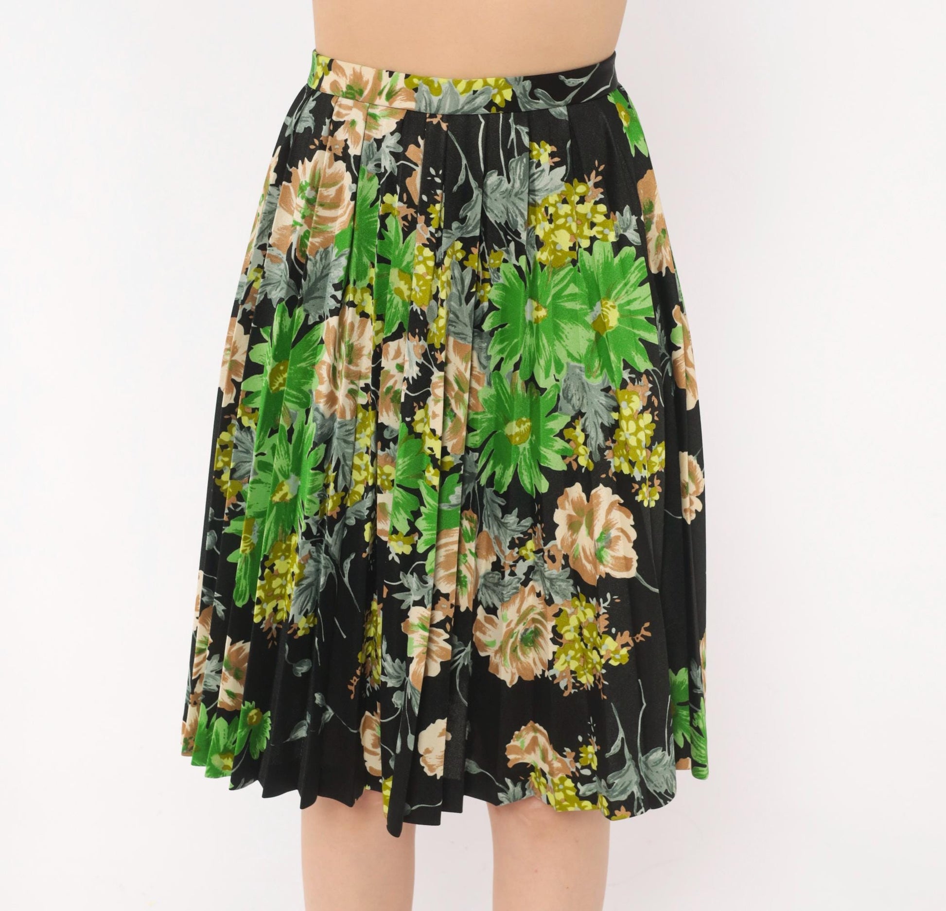70s Floral Pleated Skirt Black Daisy Rose Print Knee-Length A-Line Extra Small