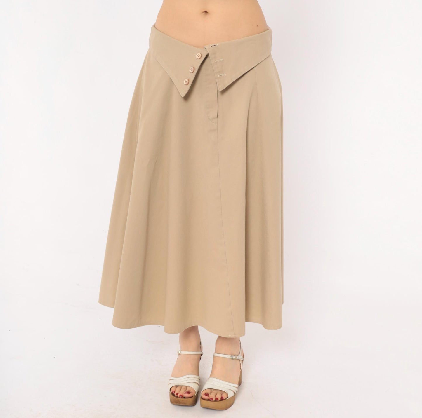 90s Tan A-Line Midi Skirt Fold-Over Waistband Button Front Medium