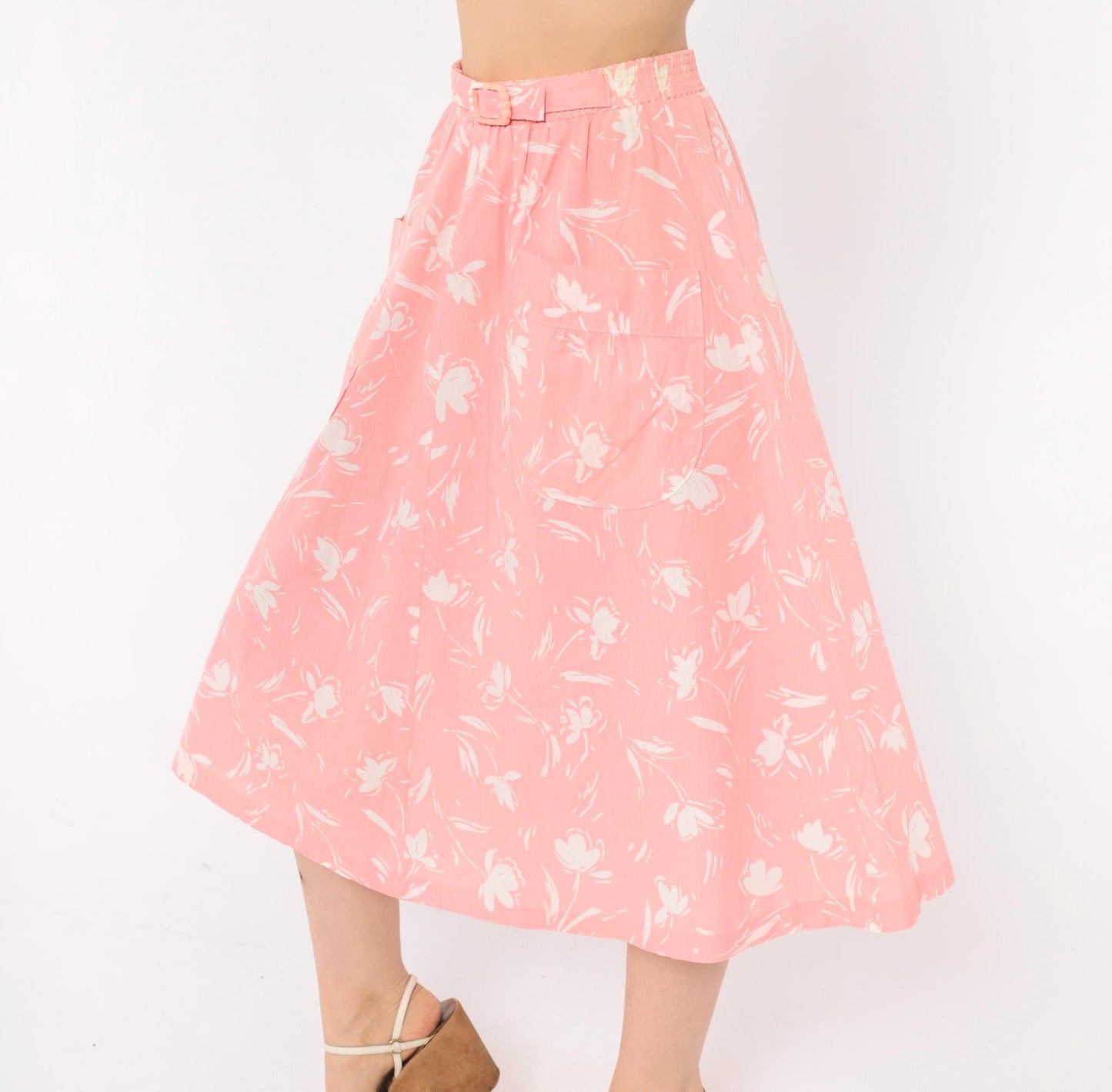 80s Ann Michele Pink Floral Midi Skirt White Tulip Print Small