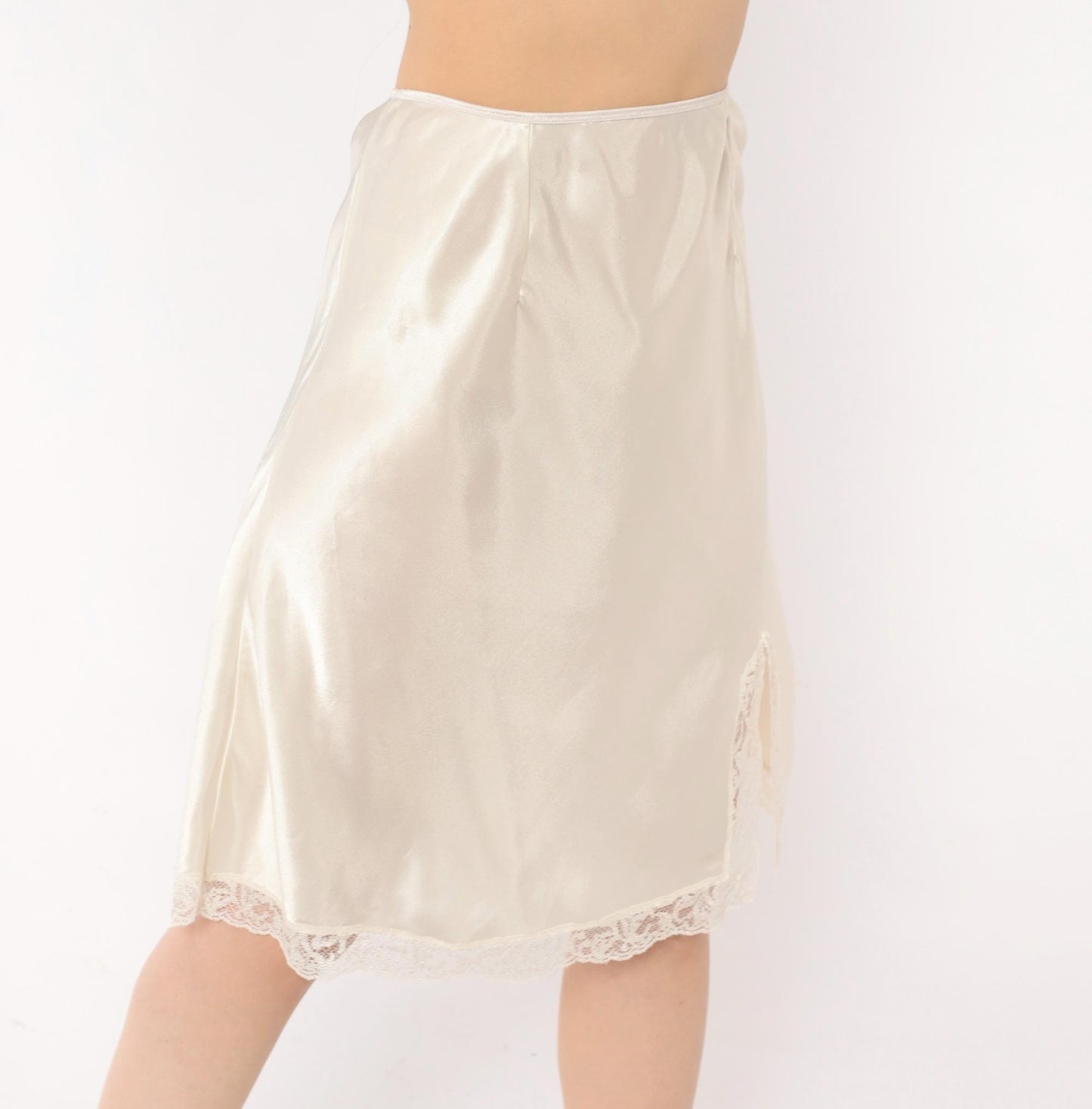 90s Victoria's Secret Half Slip Cream Satin Lace Trim Knee-Length Large L