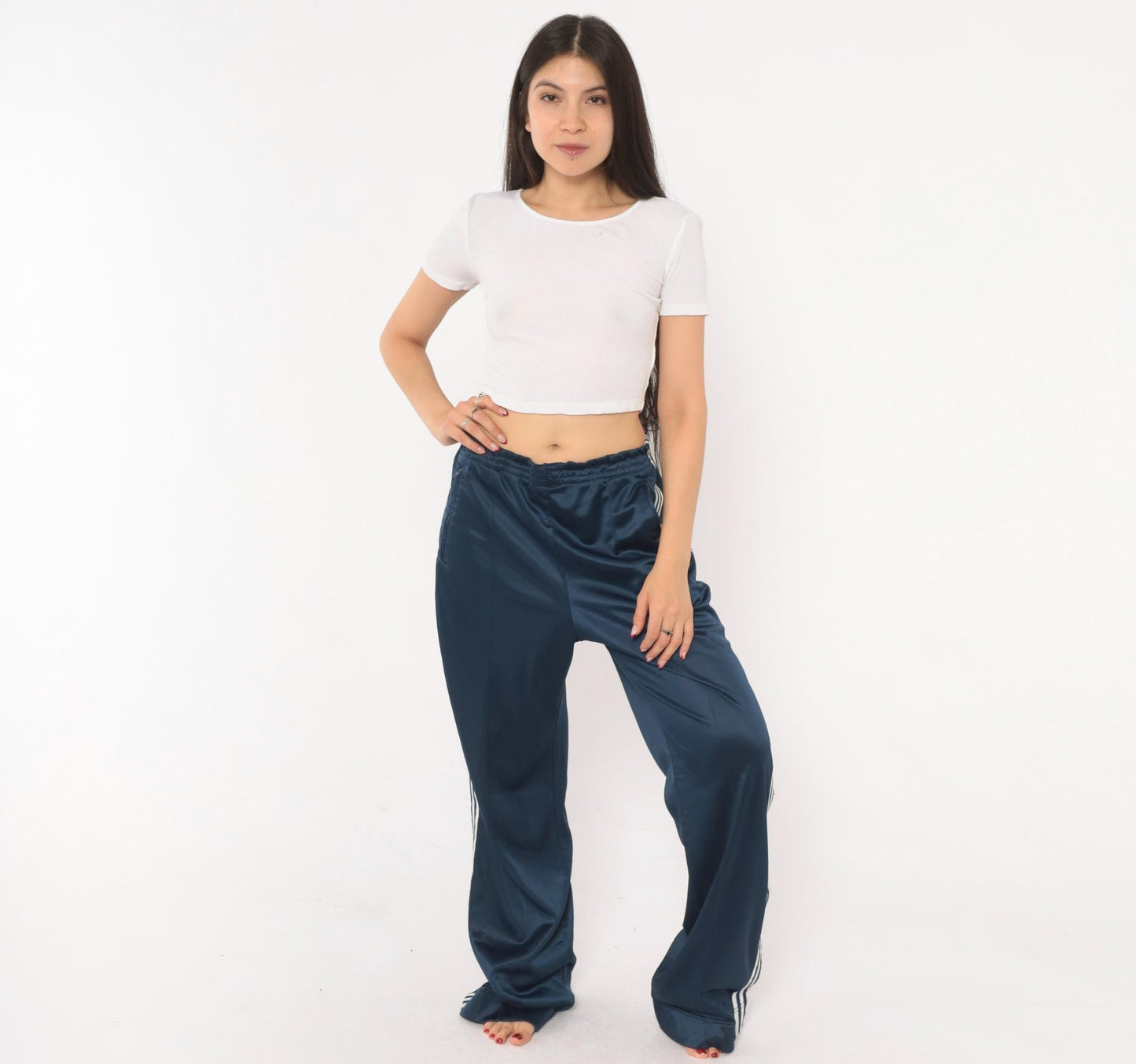 80s Adidas Navy Track Pants White Three Stripe Straight Leg Large L