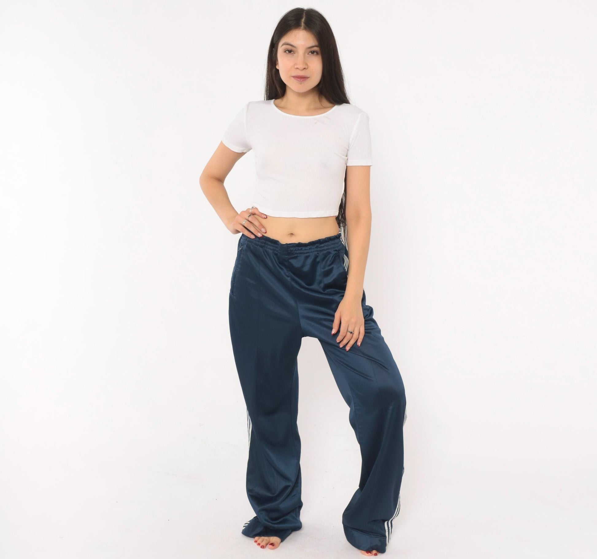 80s Adidas Navy Track Pants White Three Stripe Straight Leg Large L