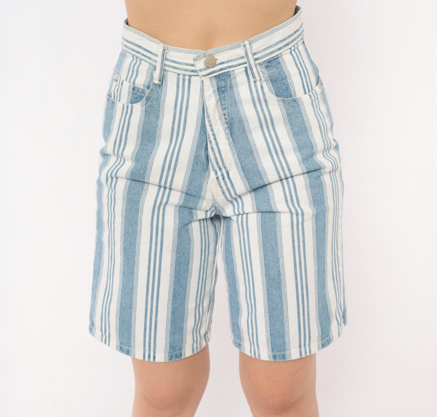 90s Mixed Blues Striped Denim Shorts High Waist Bermuda Blue White Cotton XS
