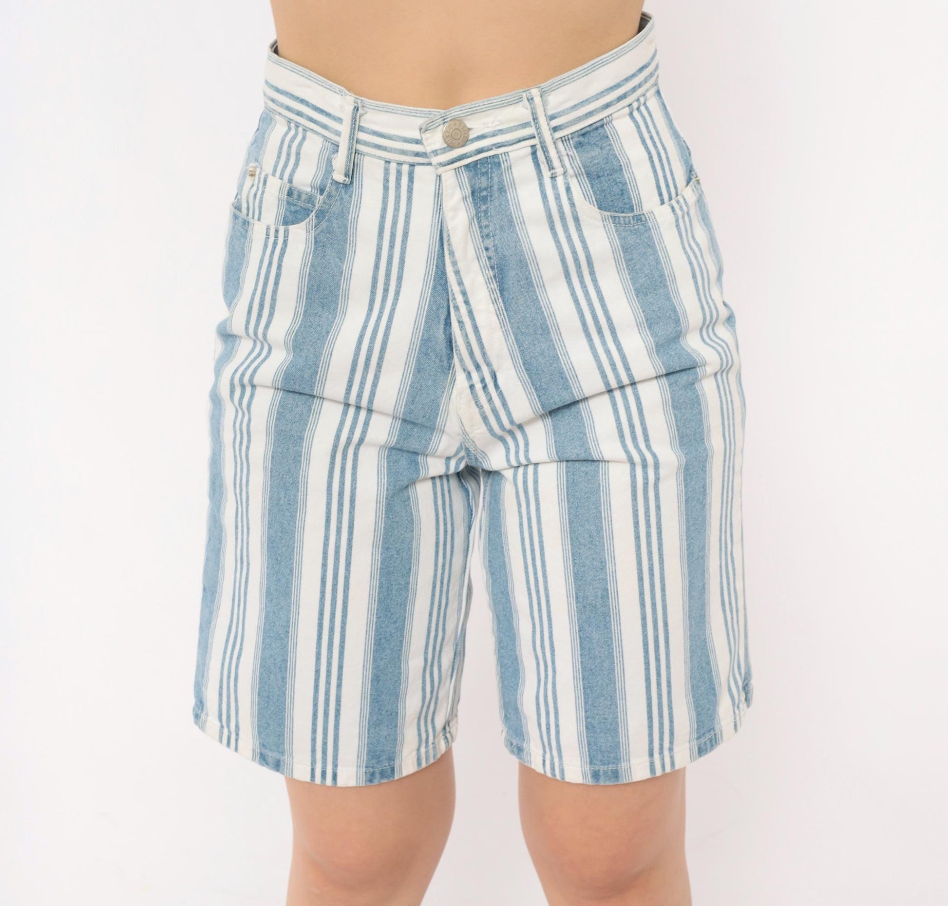 90s Mixed Blues Striped Denim Shorts High Waist Bermuda Blue White Cotton XS
