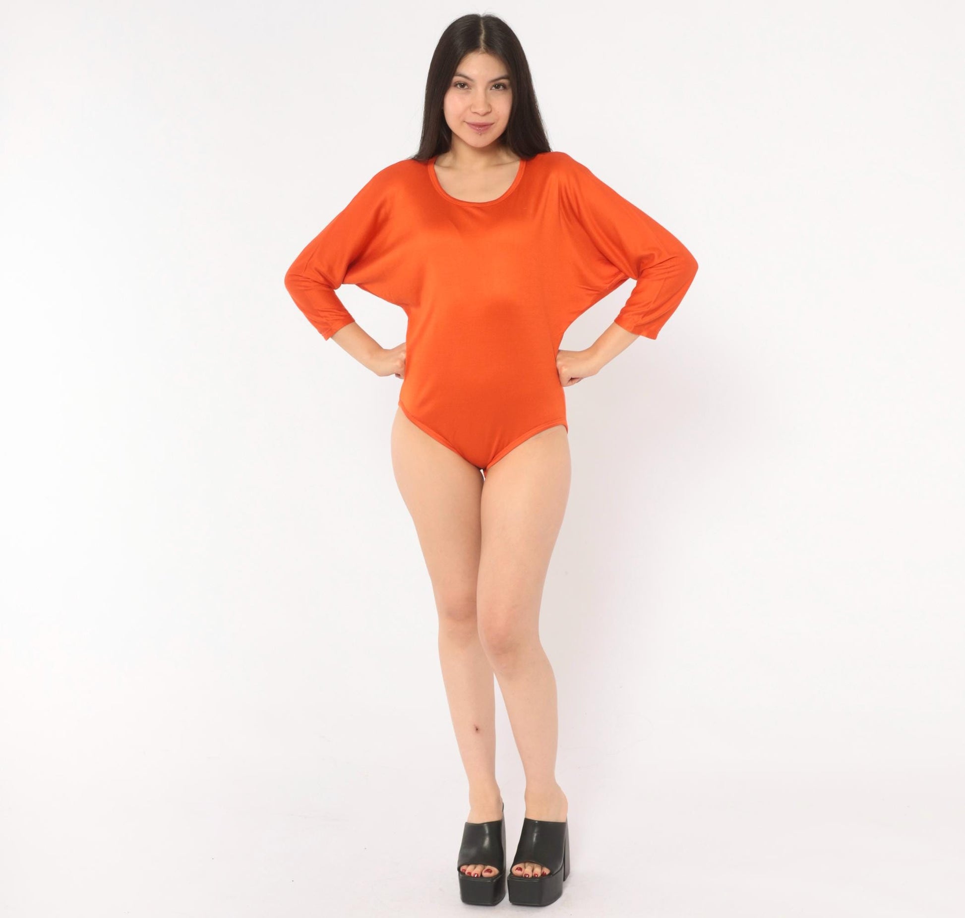 90s Ellen Tracy Silk Bodysuit Orange Dolman Sleeve Mock Neck Medium M