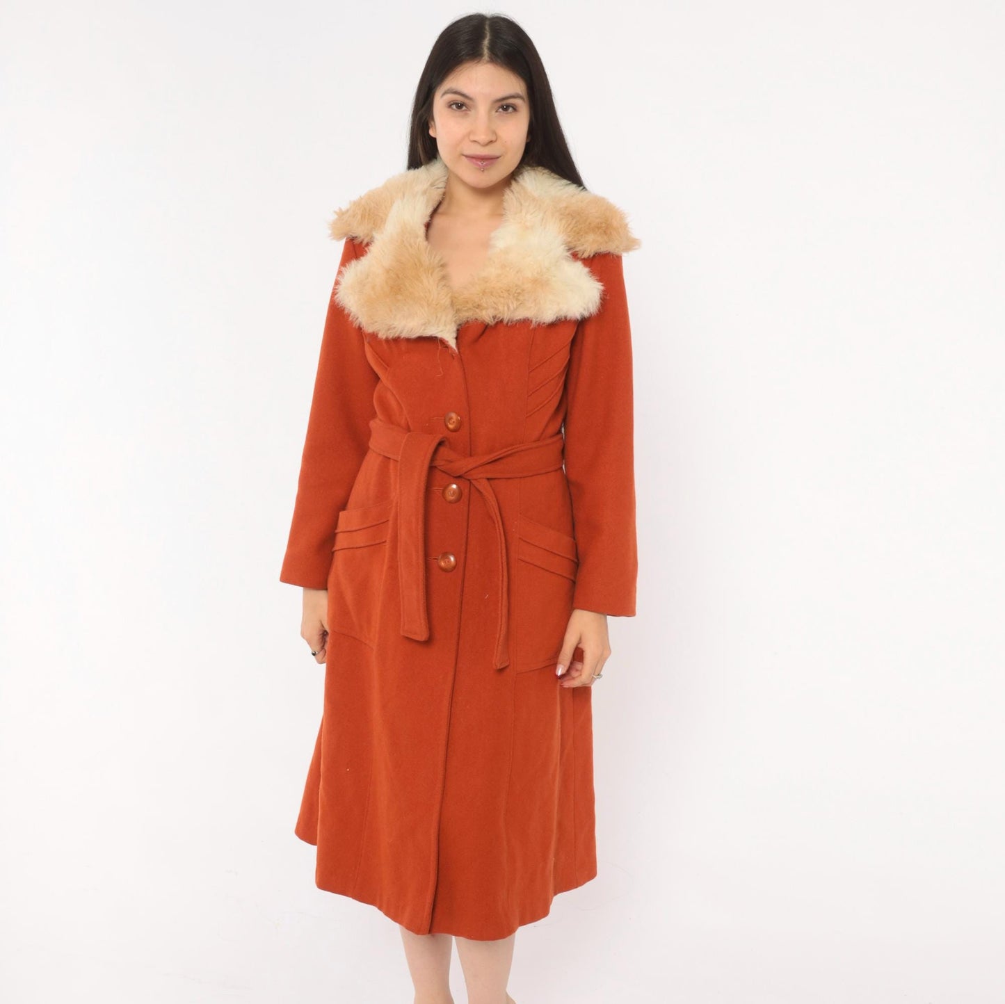 70s Burnt Orange Wool Coat Faux Fur Collar Belted Knee-Length Small