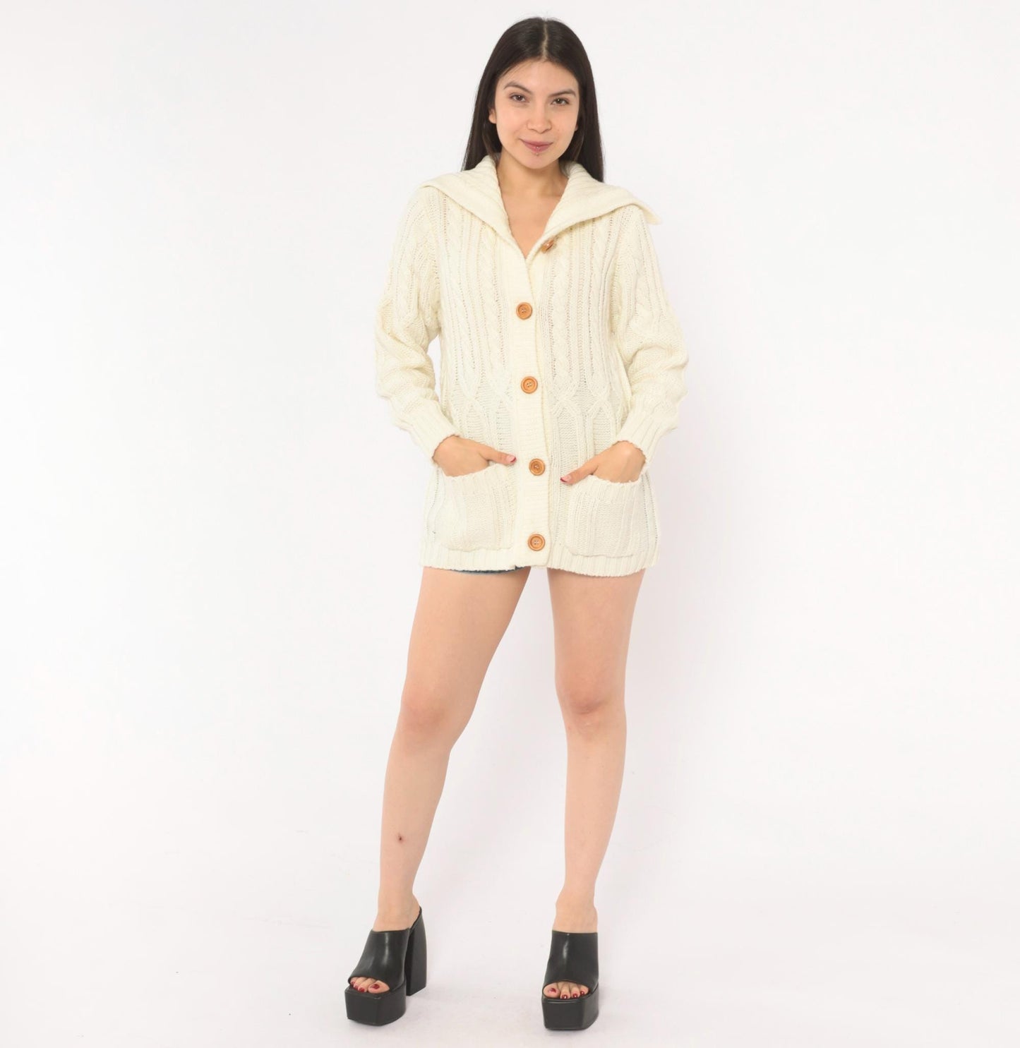 70s Exclusive Imports Cable Knit Cardigan Cream Fold-Over Collar Large L