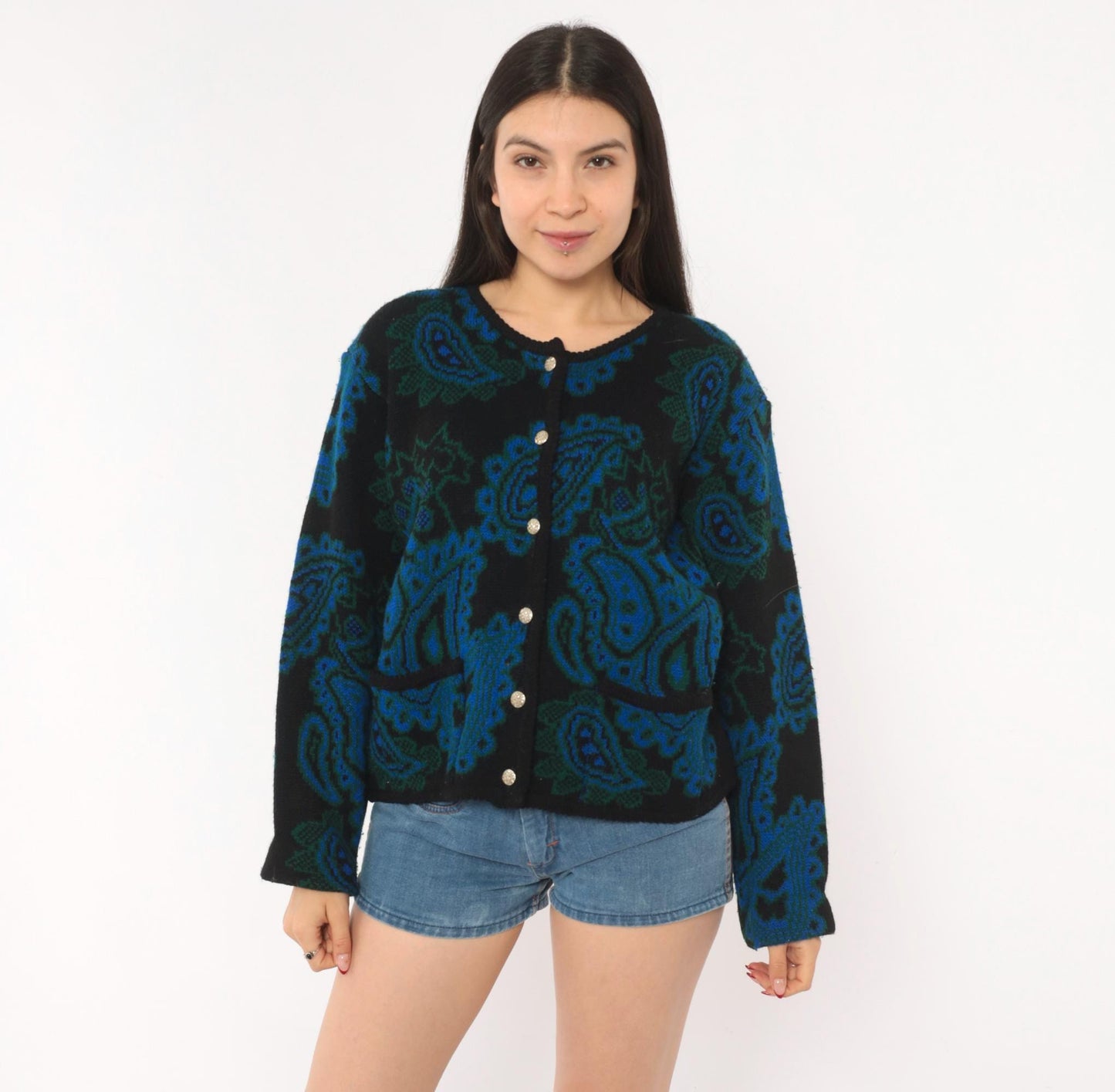 70s Tally-Ho Paisley Jacquard Cardigan Blue Green Black Button Front Large
