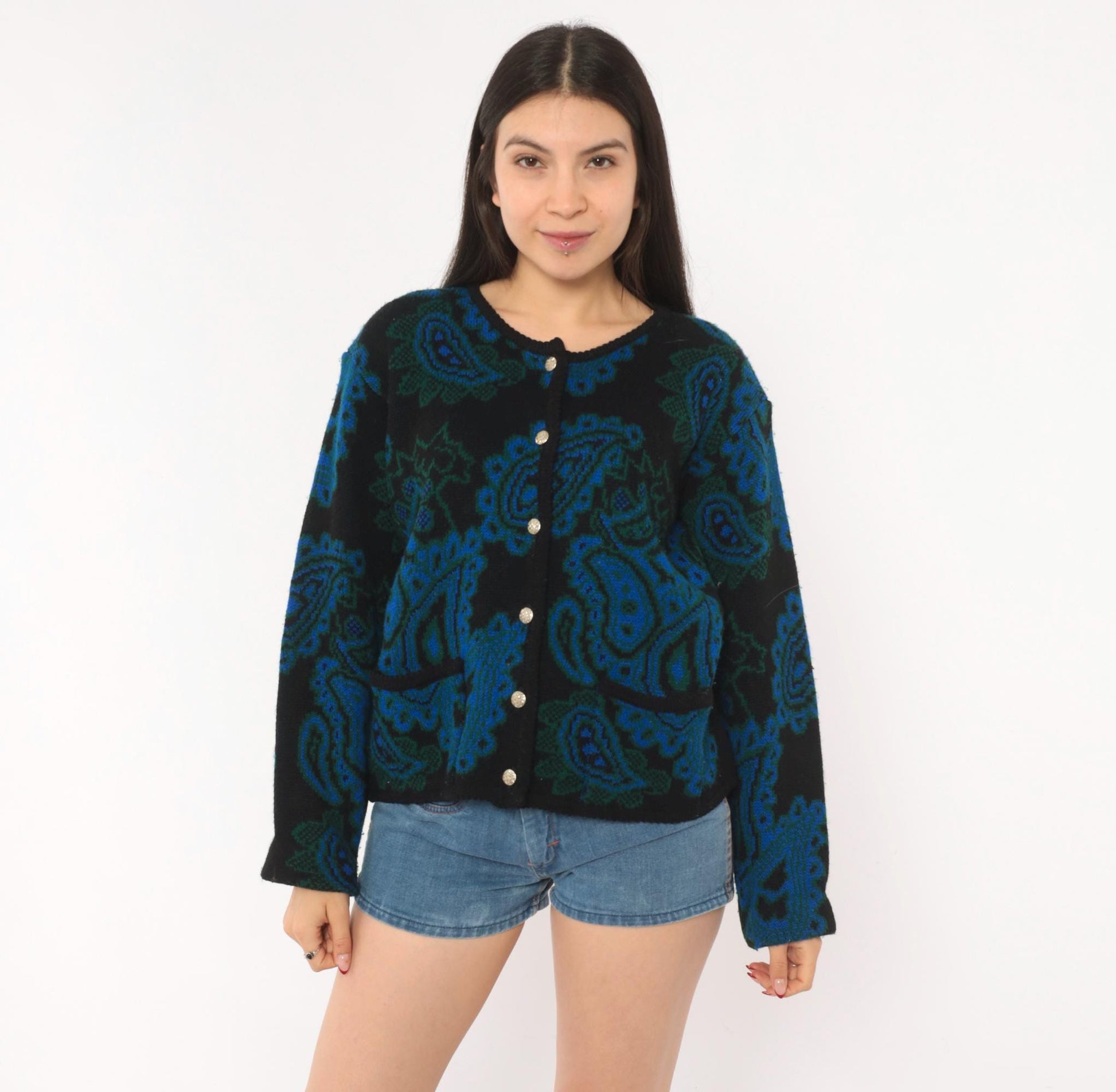 70s Tally-Ho Paisley Jacquard Cardigan Blue Green Black Button Front Large