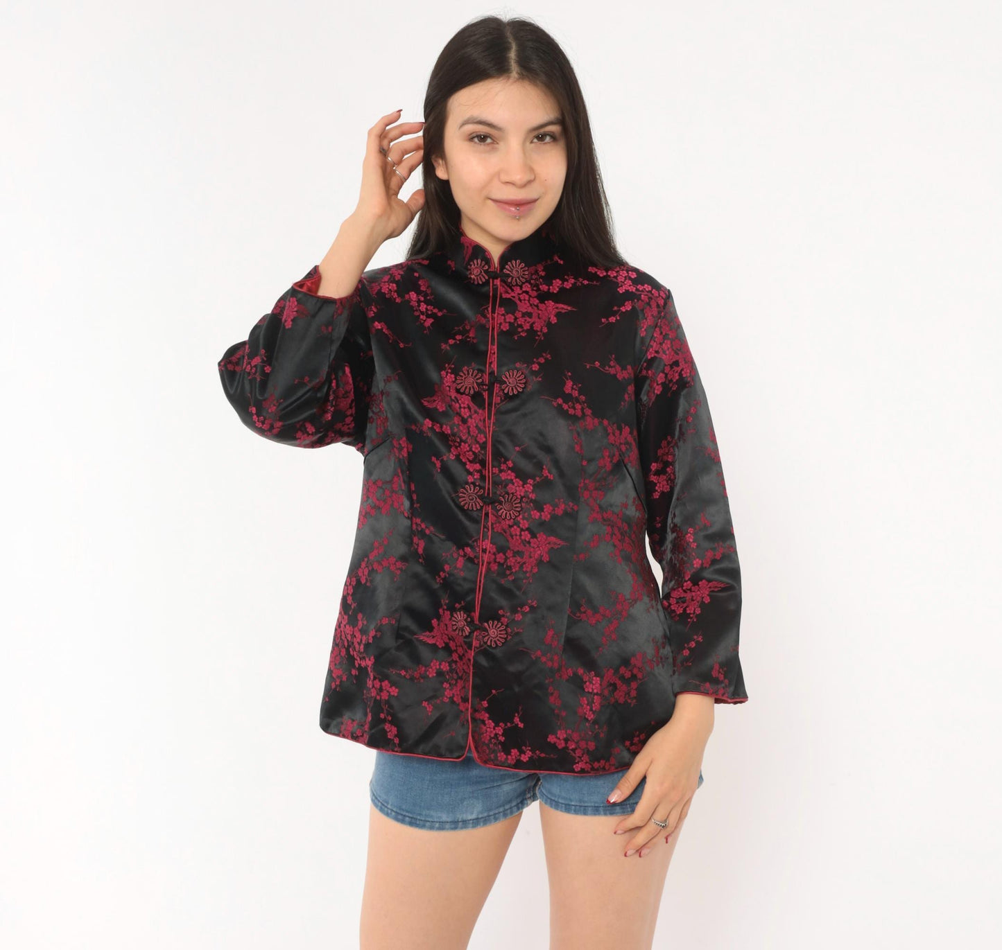 90s King Hu Black Brocade Jacket Cherry Blossom Mandarin Collar Large L