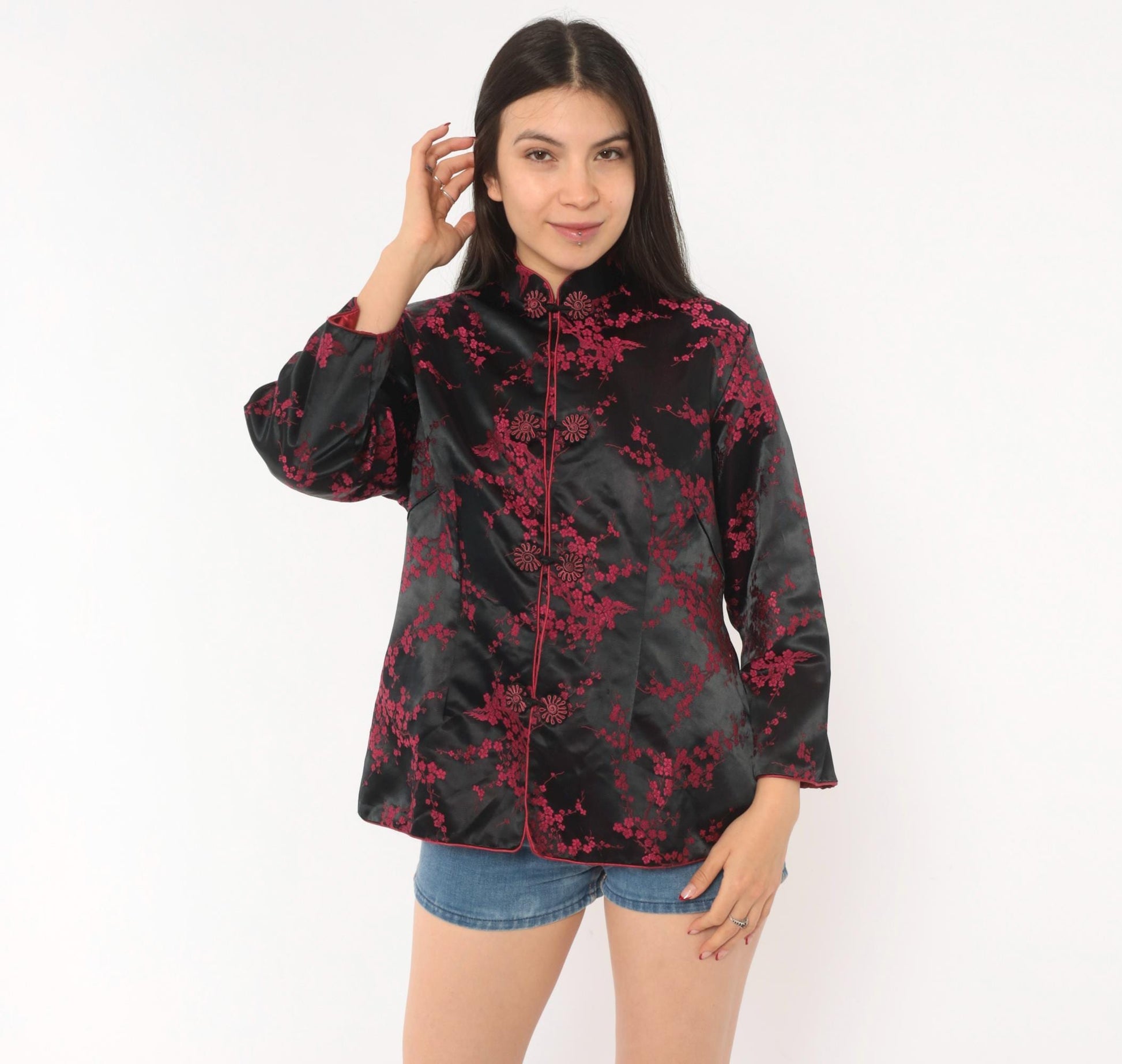 90s King Hu Black Brocade Jacket Cherry Blossom Mandarin Collar Large L