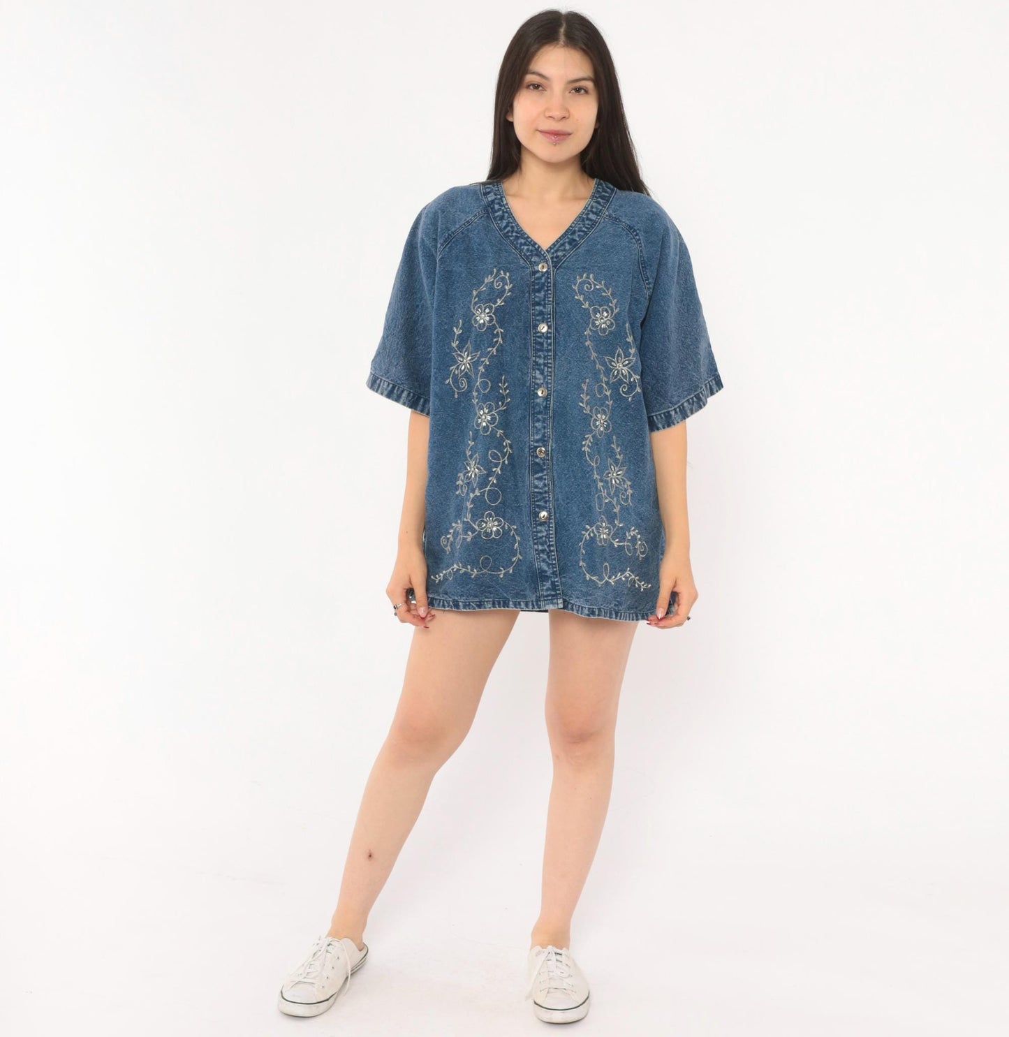 90s Premier International Denim Blouse Floral Vine Embroidery Blue Cotton Medium