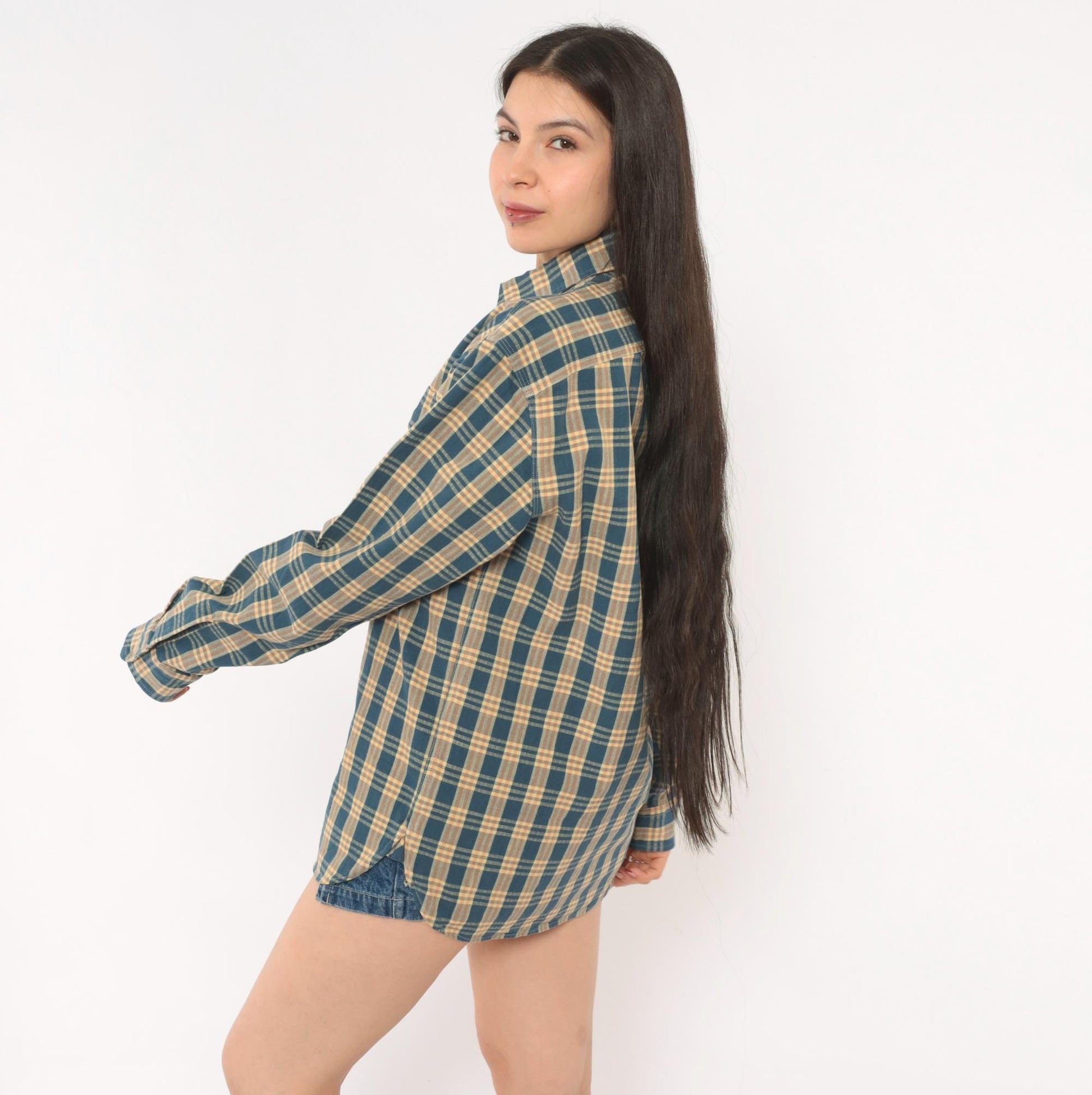 90s Ralph Lauren Plaid Flannel Shirt Teal Cream Cotton Small S